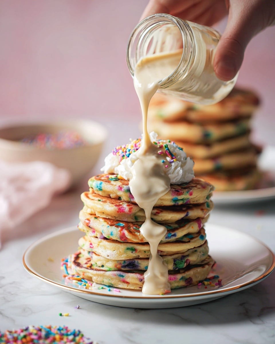 A stack of five colorful pancakes with small bright sprinkles inside each one sits on a white plate with a thin gold rim, placed on a white marbled surface. A dollop of white whipped cream tops the stack, and a creamy light beige sauce is being poured over the pancakes from a clear glass jar held by a woman's hand, dripping down the sides and pooling slightly at the base. The background shows blurred stacks of similar pancakes and a bowl filled with more sprinkles, all set against a soft pastel backdrop. Photo taken with an iphone --ar 4:5 --v 7