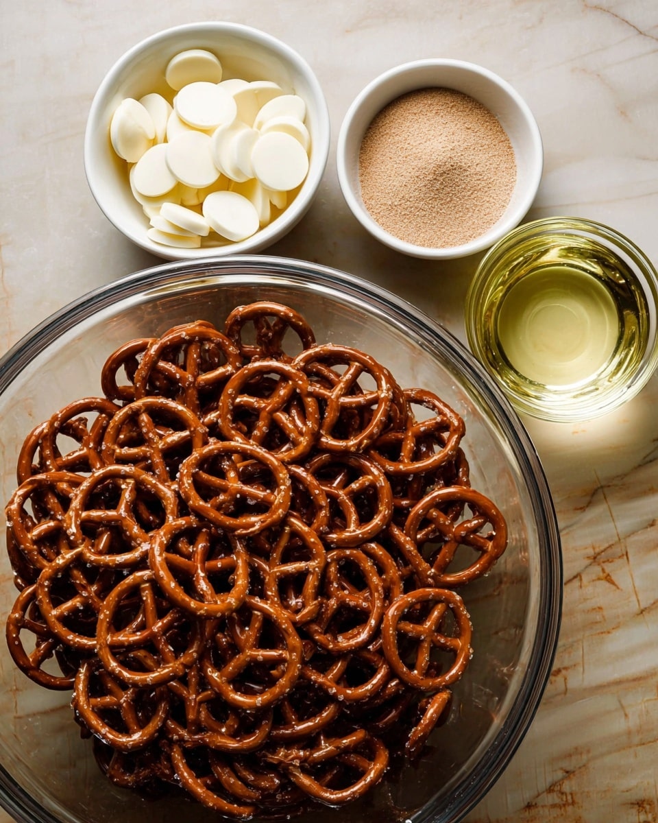 A large clear glass bowl filled with many small, brown pretzels with a shiny, salted surface. Around the bowl, there are three small white bowls placed on a white marbled surface. One bowl holds smooth, white chocolate discs, another has a light brown powder, and the third contains a clear, light yellow liquid. photo taken with an iphone --ar 4:5 --v 7