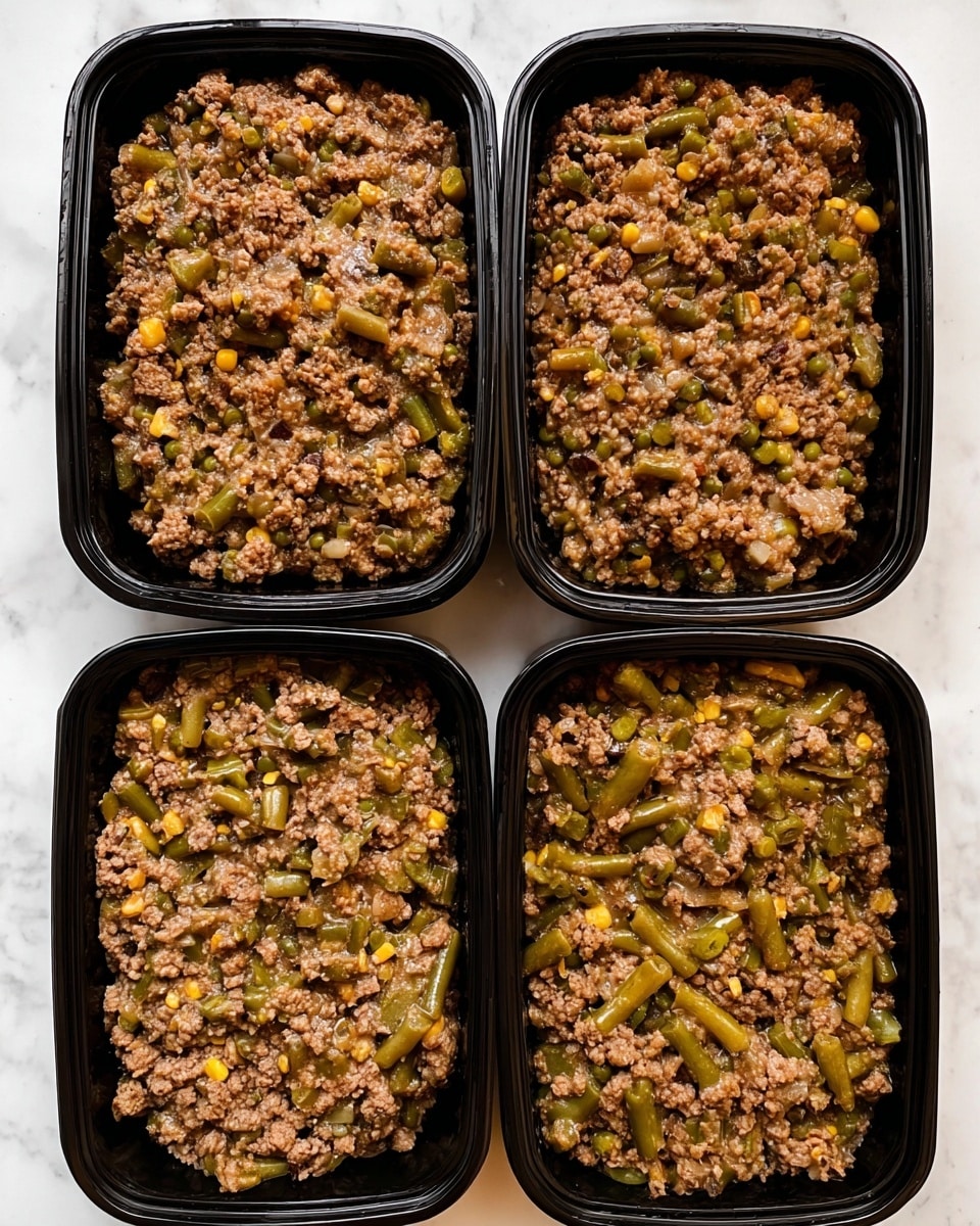 Four black rectangular meal prep containers are placed on a white marbled surface. Each container is filled with a mixed dish showing a thick layer of cooked ground meat combined with green beans, corn kernels, peas, and small bits of other vegetables, all held together in a light brown sauce. The two larger containers are positioned at the top, filled with a single uniform layer of the dish, while the two smaller containers below each have the dish divided into two sections. The texture is chunky and moist, and the colors range mostly from light brown to green with spots of yellow. photo taken with an iphone --ar 4:5 --v 7