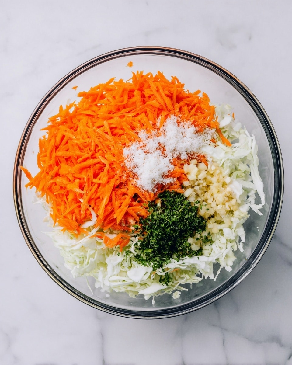 In a clear round glass bowl placed on a white marbled surface, there are four visible layers of ingredients. The bottom layer is finely shredded white cabbage covering about half of the bowl. On the left side, a large pile of bright orange shredded carrots sits on top of some cabbage, creating a vibrant contrast. On the right side, small pieces of finely chopped garlic rest near the carrots. In between, there is a small heap of green chopped herbs. Several thin layers of white granulated sugar are sprinkled over these vegetables, appearing slightly scattered across the top. The mix is fresh, colorful, and ready for mixing photo taken with an iphone --ar 4:5 --v 7