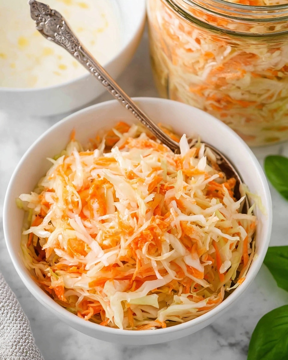 A close-up view of a white bowl filled with shredded cabbage and carrot salad. The top layer shows a mix of thin white cabbage strands and bright orange carrot pieces, loosely piled. A silver spoon with a detailed handle rests inside the bowl, slightly digging into the salad. Behind the bowl, a glass jar contains more of the shredded salad, and part of another white bowl with a white creamy sauce is visible. The background is a white marbled texture, with a few green basil leaves on the right side. photo taken with an iphone --ar 4:5 --v 7