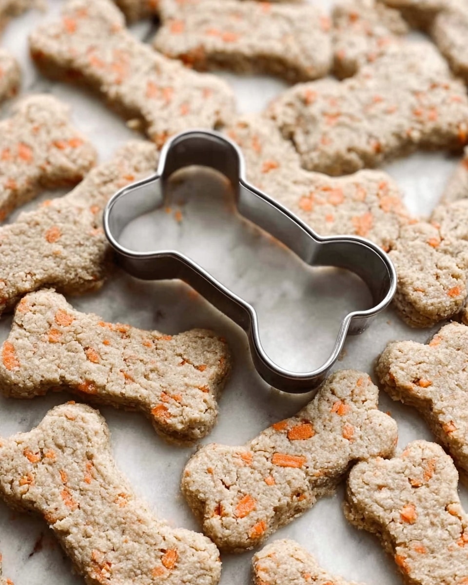 The image shows many dog bone-shaped dough pieces placed closely together on a white marbled surface. The dough is light brown with small pieces of orange carrot mixed in. In the middle, there is a metal dog bone-shaped cookie cutter lying flat on top of the dough pieces, catching some light and casting a small shadow. The texture of the dough looks rough and grainy, with visible bits of carrot giving it some color. Photo taken with an iphone --ar 4:5 --v 7
