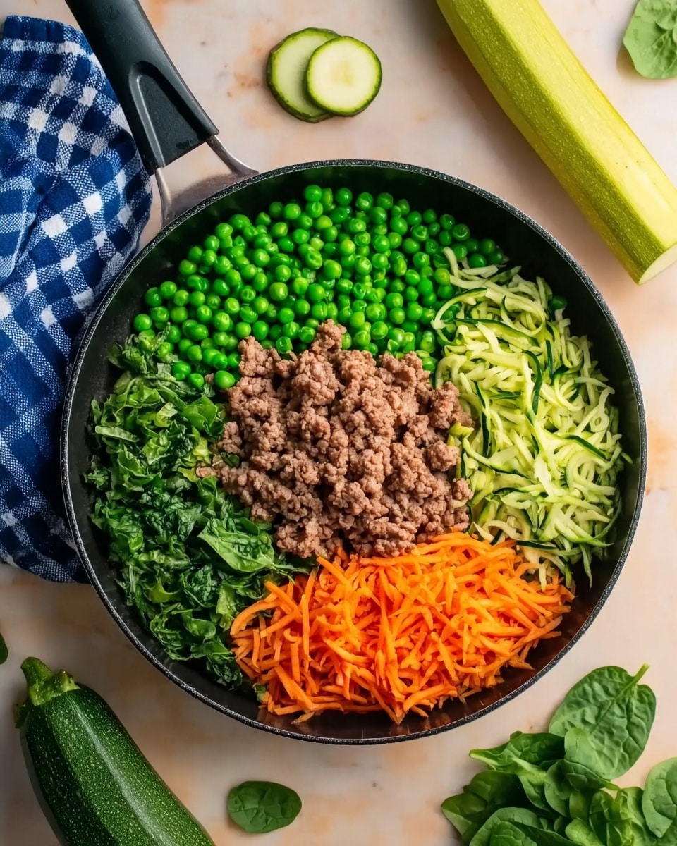 The image shows a black pan on a white marbled surface filled with five separate layers of ingredients arranged in sections: cooked ground meat with a coarse texture in one section, bright green peas in the center, thin orange shredded carrots on the right, light green shredded zucchini at the top, and dark green chopped spinach on the left. Around the pan, there is a whole zucchini and a sliced zucchini, along with scattered spinach leaves and a blue and white checkered cloth. The colors are bright and fresh, creating a balanced and organized look. Photo taken with an iphone --ar 4:5 --v 7