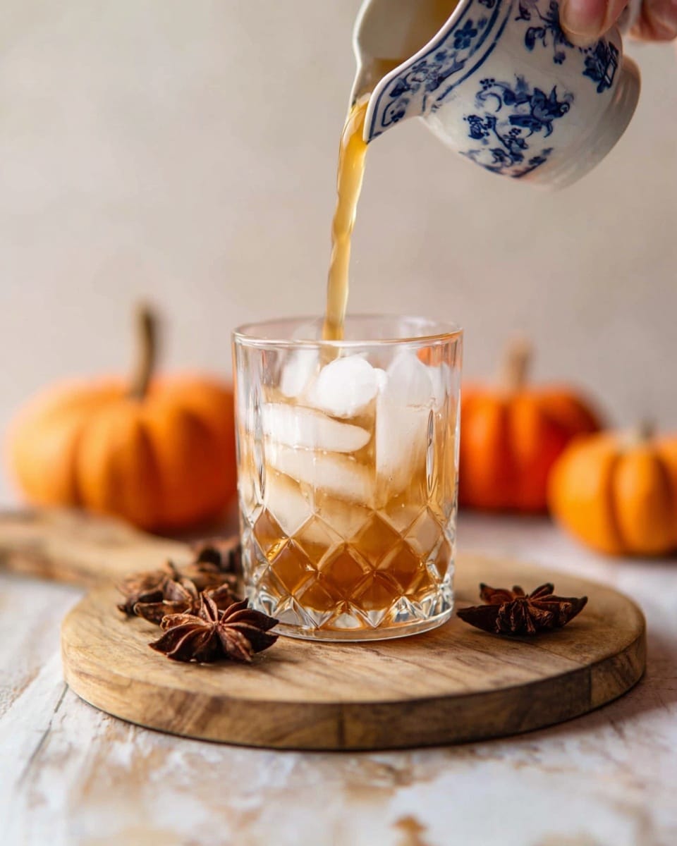 A clear glass is filled with several white ice cubes and a light amber liquid being poured from a small ceramic cup with blue designs and a woman's hand holding it from the top right corner. The glass stands on a round wooden board, which rests on a surface with a white marbled texture. Around the board are a few star anise seeds and pine cones, with two small orange pumpkins blurred softly in the background, creating a warm, autumn feel. Photo taken with an iphone --ar 4:5 --v 7