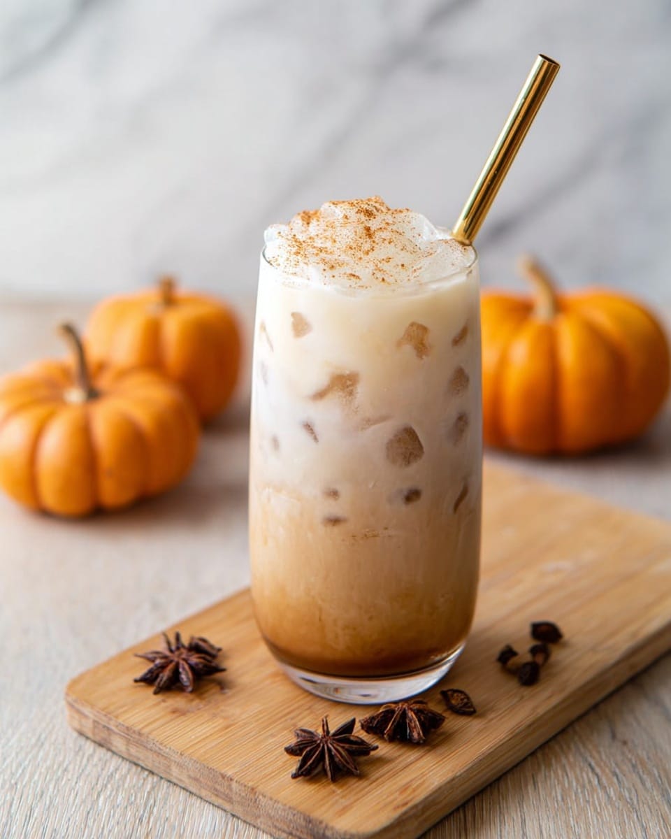 A tall glass filled with a layered iced drink sits on a light wooden board. The bottom layer is a light brown color, followed by a middle layer of white milk with visible ice cubes. On top there is a thick, frothy beige foam sprinkled with a light dusting of brown spice. A shiny gold metal straw leans out of the glass at an angle. Around the wooden board, there are a few brown star anise pods scattered. In the background, two small orange pumpkins rest on a white marbled surface, creating a cozy autumn feel. photo taken with an iphone --ar 4:5 --v 7