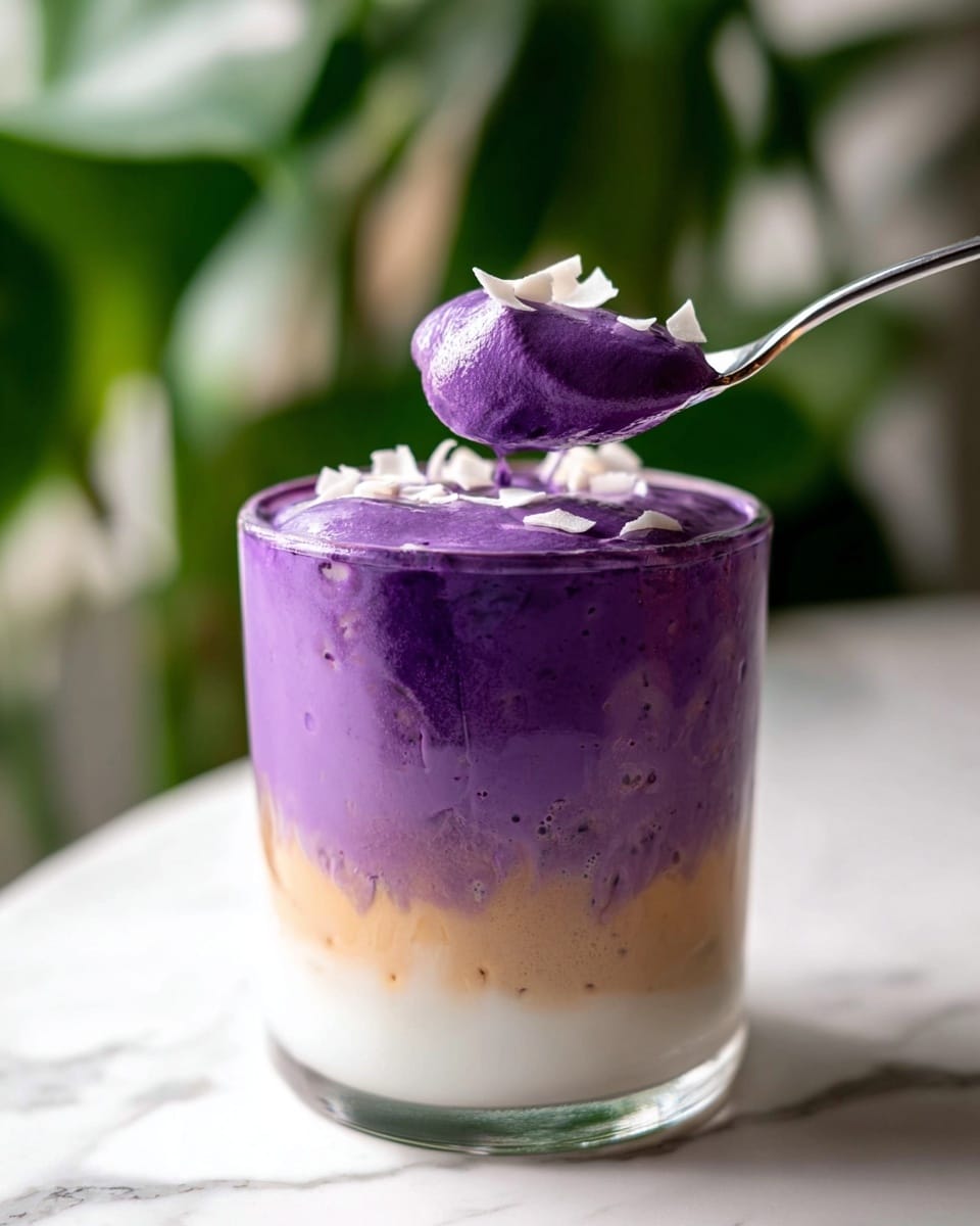 A clear glass shows a three-layered drink on a white marbled surface. The bottom layer is white and smooth, the middle layer is light brown and slightly mixed with the top layer, and the top layer is thick, bright purple with a creamy texture. On top, there are small white flakes sprinkled. A silver spoon lifts some of the thick purple layer, showing its soft, rich texture. The background is blurred with green leaves visible. Photo taken with an iphone --ar 4:5 --v 7