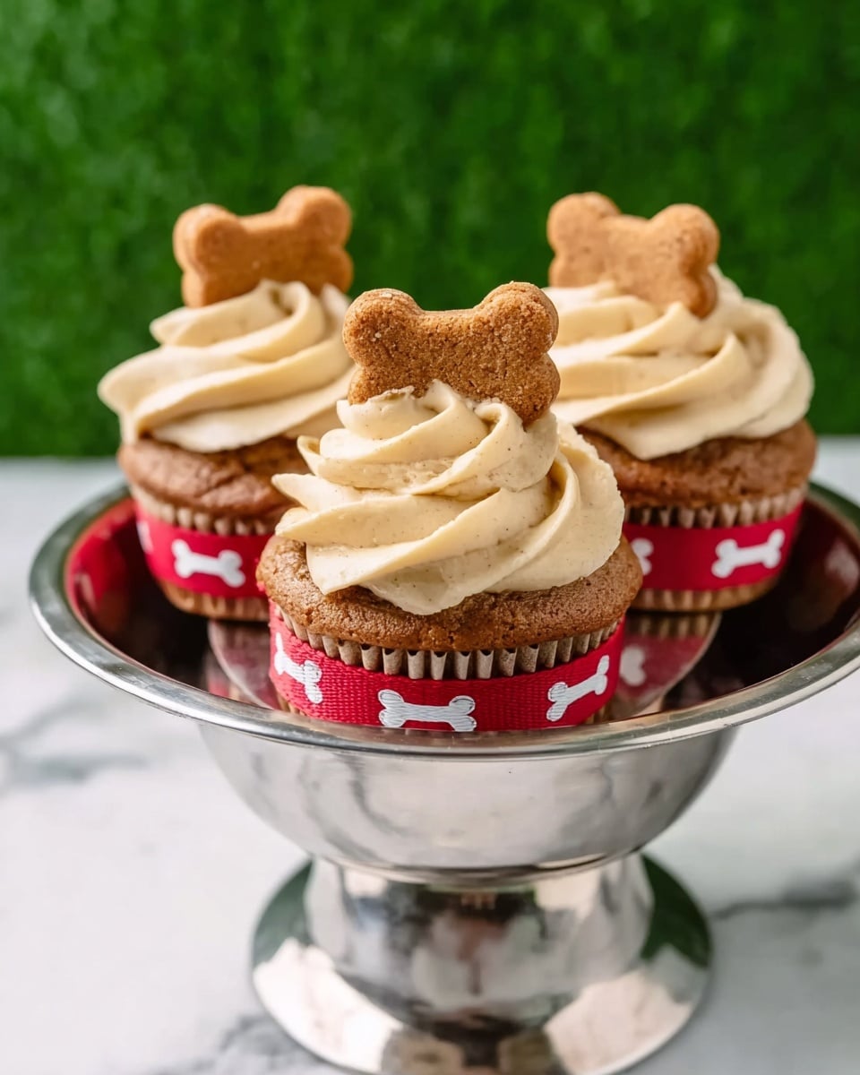 The image shows three cupcakes placed on top of an upside-down shiny silver dog bowl with a red collar featuring white bone patterns wrapped around it. Each cupcake has a brown base with a crumbly texture and is topped with a swirl of smooth, light beige frosting. A small bone-shaped biscuit with a slightly darker brown color is stuck into the frosting of each cupcake. The background is green grass, and the surface beneath the bowl is a white marbled texture. photo taken with an iphone --ar 4:5 --v 7