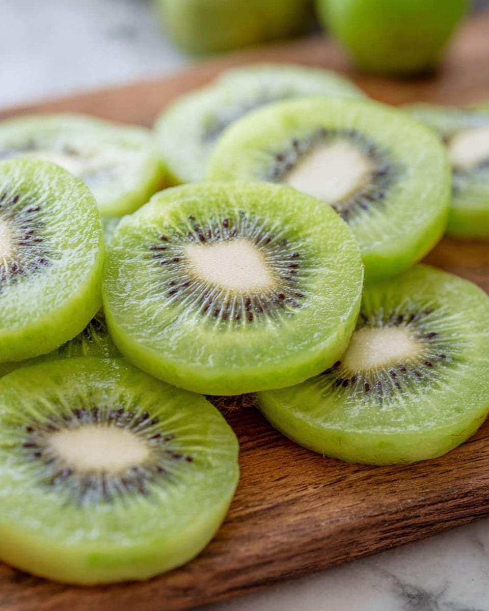 The image shows several slices of green kiwi fruit arranged on a wooden cutting board. The kiwi slices are circular with a light green, juicy texture around the outer part, and a white center surrounded by small black seeds in a ring shape. The slices appear fresh and glossy, placed closely together, with some whole green kiwis blurred in the background on a white marbled surface. Photo taken with an iphone --ar 4:5 --v 7
