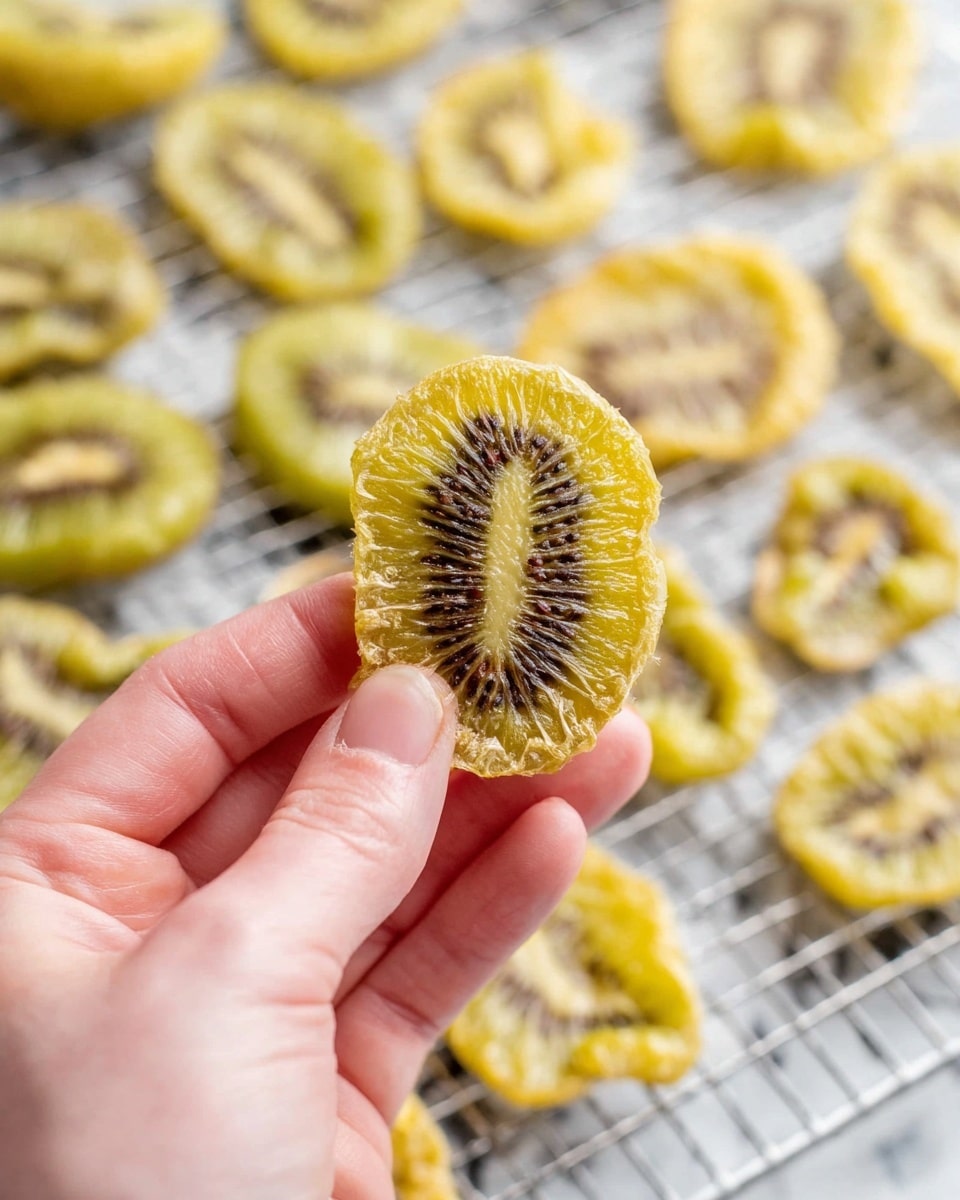 A close-up shows a woman's hand holding one slice of dried kiwi. The kiwi slice is greenish-yellow with a chewy texture, showing dark brown seeds in the center line that runs lengthwise. More slices of dried kiwi lay spread across a drying rack in the background, over a white marbled surface, all with the same color and texture. The image is bright and clear, focusing on the woman's hand and the kiwi slice photo taken with an iphone --ar 4:5 --v 7