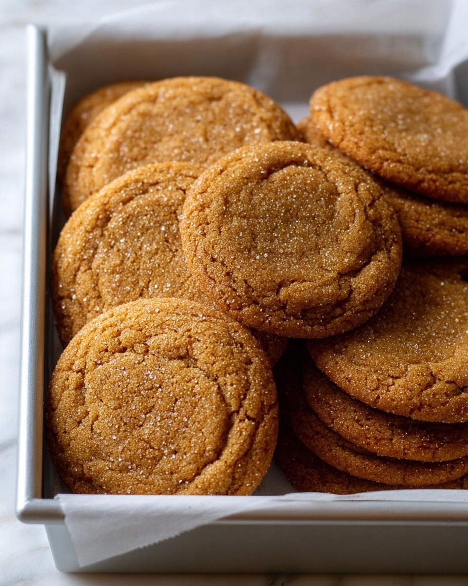 A close-up view of a stack of about ten round, golden-brown cookies with a slightly cracked and textured surface, sprinkled lightly with sugar crystals, all placed together inside a white parchment-lined silver metal tray on a white marbled surface. The cookies look soft and slightly thick, overlapping each other with some edges visible. photo taken with an iphone --ar 4:5 --v 7