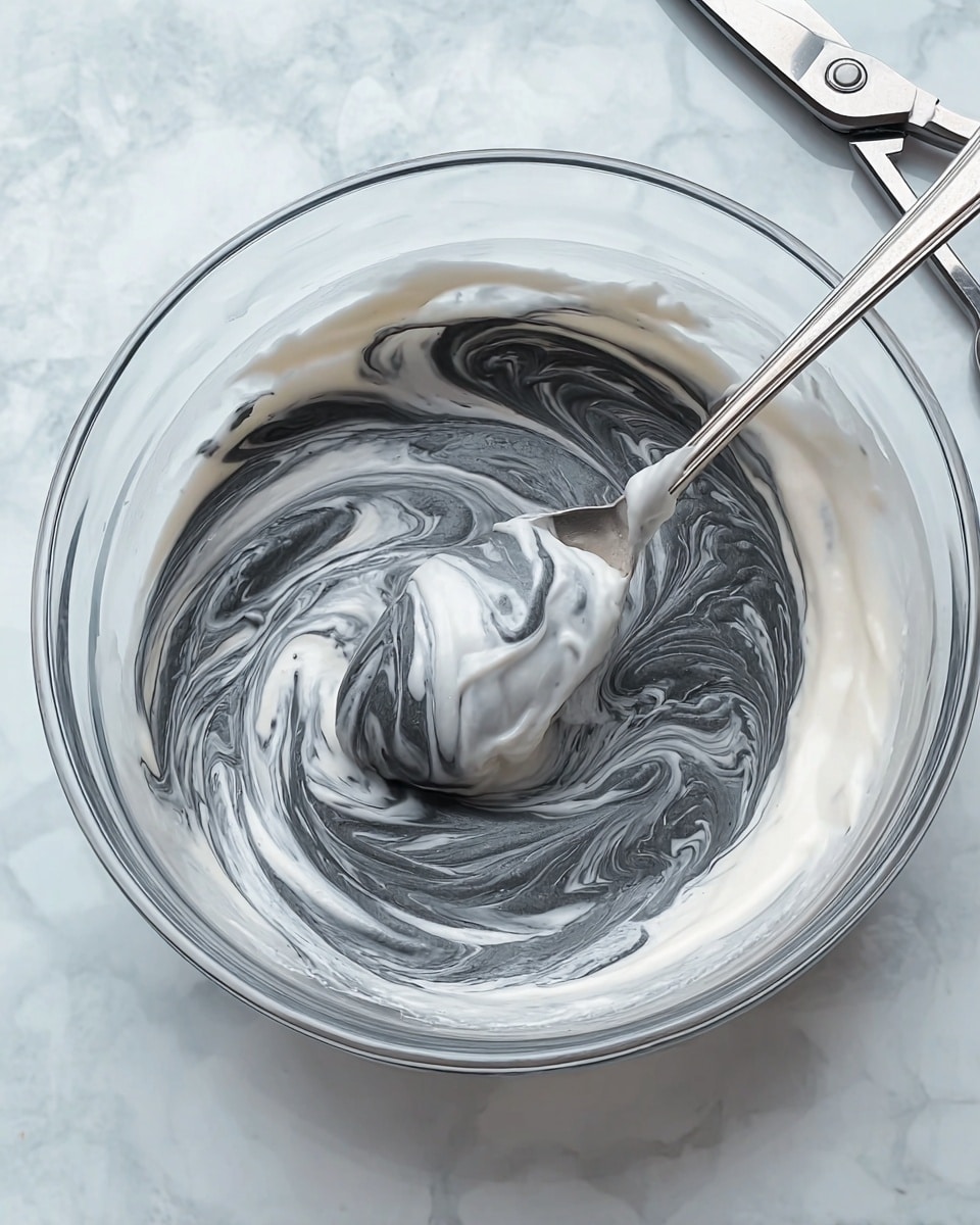 A clear glass bowl sits on a white marbled surface, filled with a mixture of creamy white and dark gray swirled together, creating a smooth, marble-like texture. A shiny silver spoon rests in the bowl, lifting some of the thick mixture that blends both colors in a soft, smooth swirl. The bowl is accompanied by scissors nearby, adding a casual kitchen feel to the scene. photo taken with an iphone --ar 4:5 --v 7