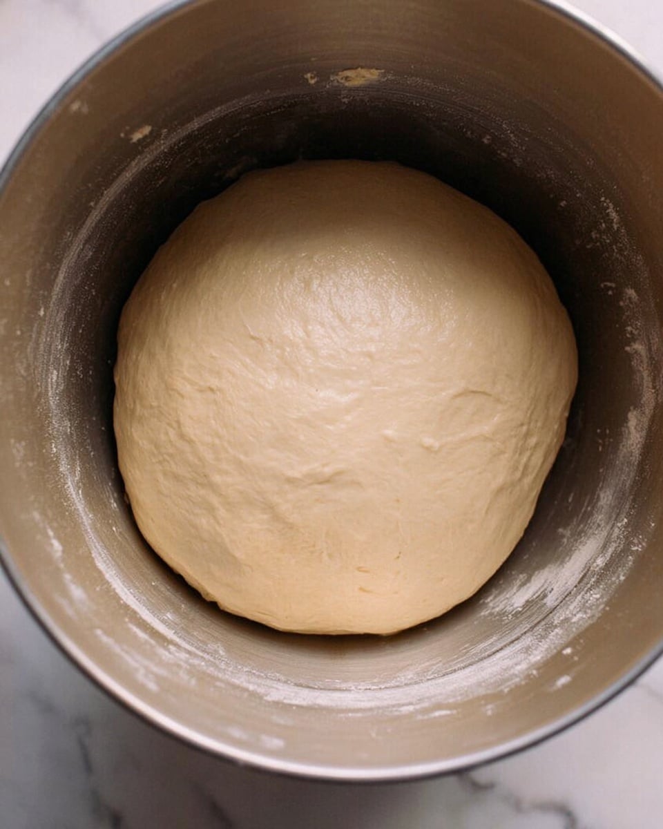 A close-up of a smooth, round ball of dough resting inside a shiny metal mixing bowl. The dough has a pale beige color with a soft, slightly shiny surface that shows it is well-kneaded and ready to rise. The metal bowl reflects soft light and has some small bits of dough stuck on the inside walls. The bowl sits on a white marbled surface. photo taken with an iphone --ar 4:5 --v 7