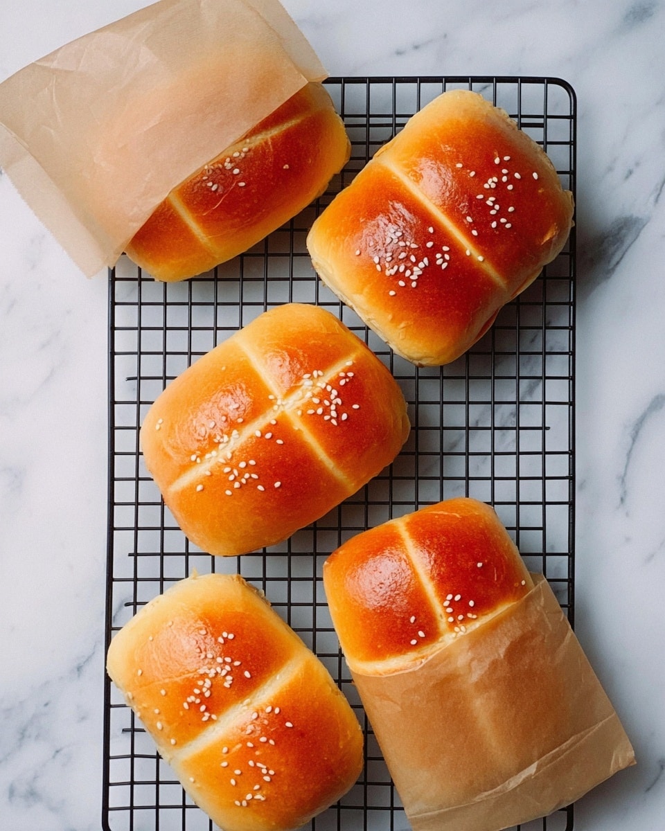 The image shows five small golden-brown bread rolls with a shiny crust on a black wire cooling rack placed on a white marbled surface. Each roll is shaped like a rounded rectangle with two lighter beige lines running across the top, giving a striped look. Some rolls are sprinkled with white sesame seeds on top. Two of the rolls are partly wrapped in light brown crumpled paper bags, showing only half the bread. There are no other items in the scene, and the overall look is clean and simple. photo taken with an iphone --ar 4:5 --v 7