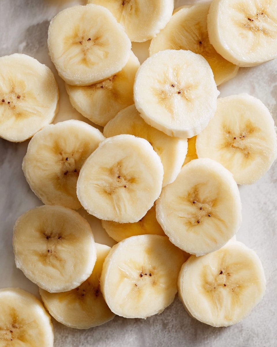 The image shows several slices of banana scattered closely together, filling the frame. Each slice is round with a pale yellow color and a soft, smooth texture. The banana pieces show subtle variations in size, with the inner core having a slightly darker yellow center and tiny brown dots in the middle. The slices rest on a surface with a smooth white marbled texture. The overall look is fresh and simple, focusing only on the banana slices photo taken with an iphone --ar 4:5 --v 7