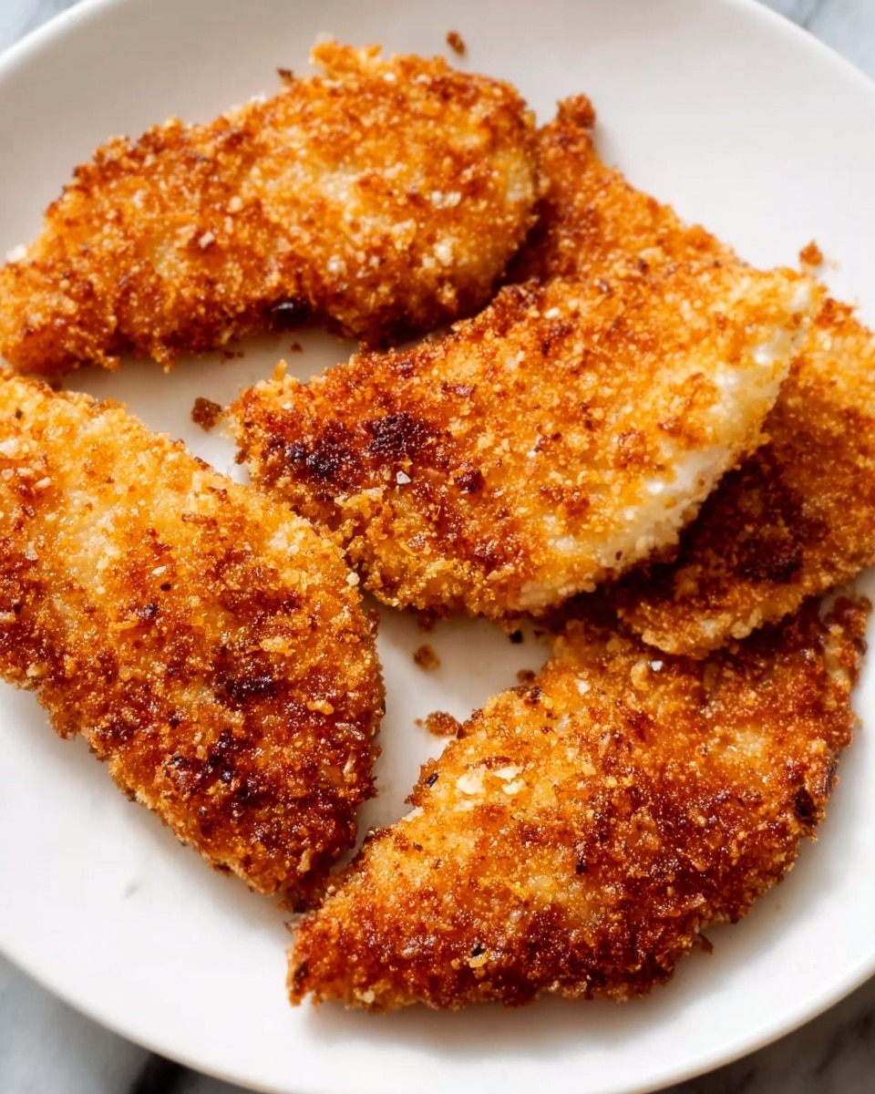 Four crispy golden brown fried pieces with a crunchy texture are arranged on a white plate. The pieces have an uneven, textured surface showing a well-cooked coating with some parts slightly darker for a toasted look. The plate rests on a white marbled texture surface. Photo taken with an iphone --ar 4:5 --v 7