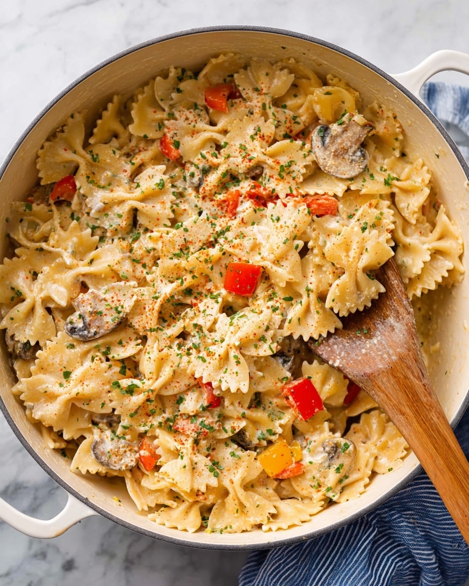 A large white pot filled with creamy bowtie pasta mixed with sliced mushrooms and small chunks of red and yellow bell peppers. The pasta is coated in a light, creamy sauce and sprinkled with finely chopped green herbs and a light dusting of red seasoning. A wooden spoon rests inside the pot, lifting some pasta to show the textures clearly. The pot sits on a white marbled surface with a blue and white striped cloth barely visible under the handle. photo taken with an iphone --ar 4:5 --v 7