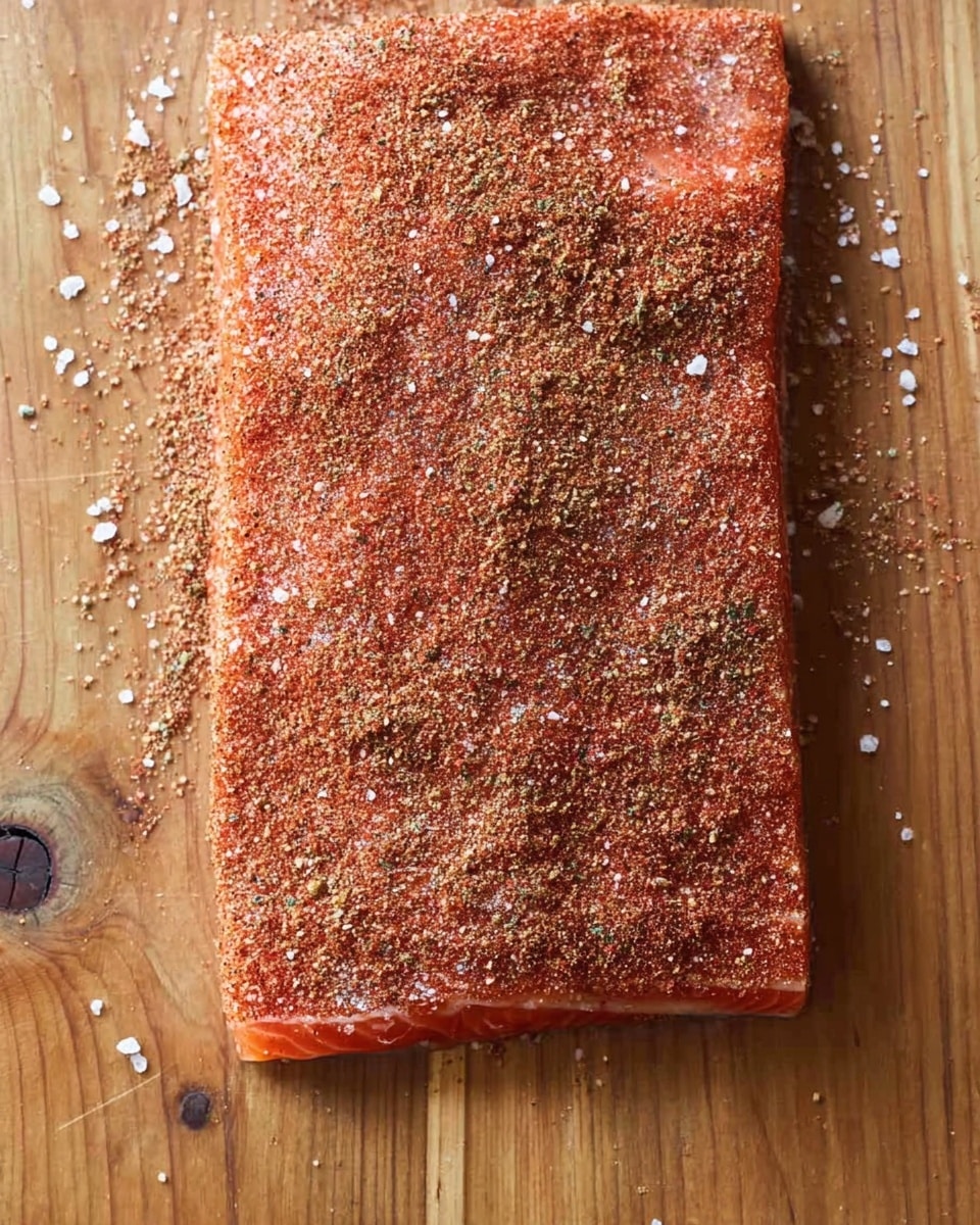 A rectangular piece of raw salmon is placed on a wooden board, covered evenly with a rough-textured spice rub. The rub is reddish-brown with small white salt crystals sprinkled on top and lightly scattered around the board. The salmon’s edges show a gradient of pink to deeper orange under the spice layer. The wooden surface has natural grain and knots, adding a rustic feel to the scene. Photo taken with an iphone --ar 4:5 --v 7