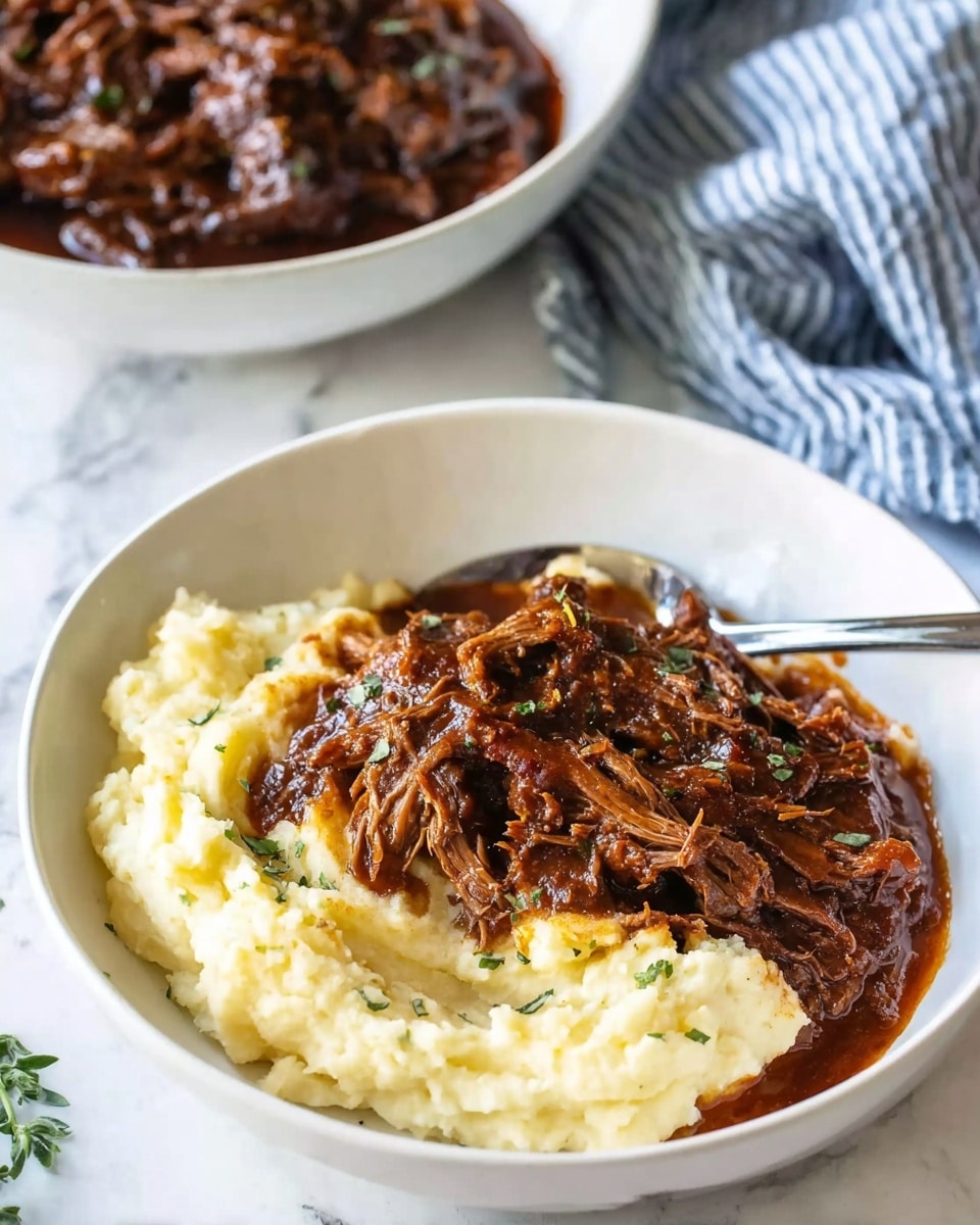 The image shows a white bowl filled with creamy mashed potatoes on one side, fluffy and pale yellow in color with a smooth, slightly chunky texture. On top and next to the potatoes, there is a rich, dark brown shredded beef stew with visible strands of meat coated in thick gravy, glistening with moisture and speckled with small green herbs. A silver spoon rests in the bowl, slightly angled with some beef stew on it. In the background, another bowl filled with more shredded beef stew sits on a white marbled surface, with a blurred blue and white striped cloth nearby. Photo taken with an iphone --ar 4:5 --v 7