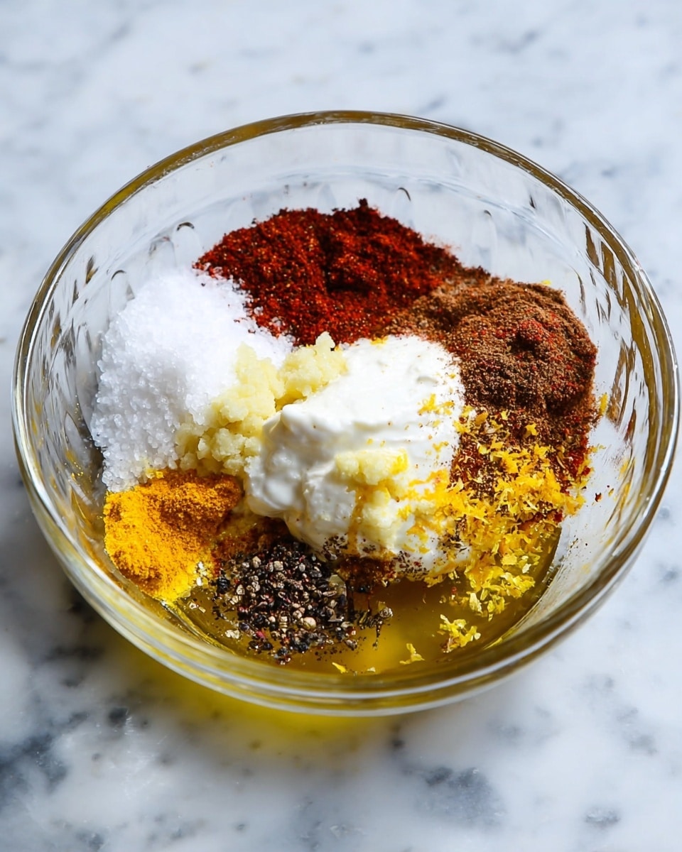 A clear glass bowl on a white marbled surface holds a colorful mix of spices and ingredients, arranged in small patches. There is a layer of white salt near the back left, next to dark red chili flakes and bright red paprika below it. A dollop of white yogurt or sour cream sits in the center, with pale yellow minced garlic on top. Ground brown spices like cumin and cinnamon are placed behind the yogurt. Bright yellow lemon zest fills the right side of the bowl, next to a pool of golden olive oil at the front. Small black pepper flakes are scattered mostly on the lemon zest and oil. Photo taken with an iphone --ar 4:5 --v 7