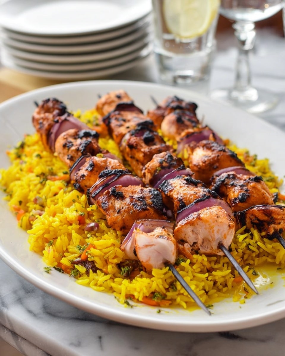 The image shows a white oval plate filled with a base layer of bright yellow rice mixed with tiny bits of orange and green. On top of the rice, there are three metal skewers placed parallel to each other, each loaded with grilled chunks of orange-brown chicken and purple-red onion pieces in between. The chicken pieces have visible dark grill marks and charred spots, creating a textured look. The plate sits on a white marbled surface, and in the background, blurred glasses and stacked white plates are partially visible. Photo taken with an iphone --ar 4:5 --v 7