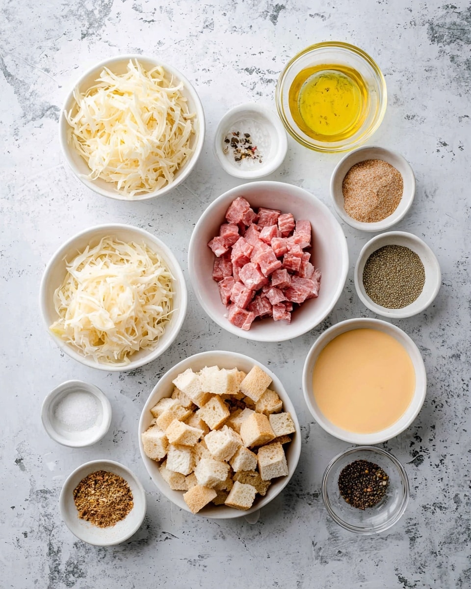 Several white bowls are arranged on a white marbled surface, each holding different ingredients. One bowl holds shredded pale yellow sauerkraut, another has shredded white cheese, and a third is filled with pink diced meat. There are small white bowls with light brown and white powders, black pepper, and seeds. A larger bowl is filled with cubed bread pieces in light beige tones. A clear glass bowl holds melted yellow butter, and another white bowl contains a creamy light orange sauce. The bowls are neat and evenly spaced. Photo taken with an iphone --ar 4:5 --v 7