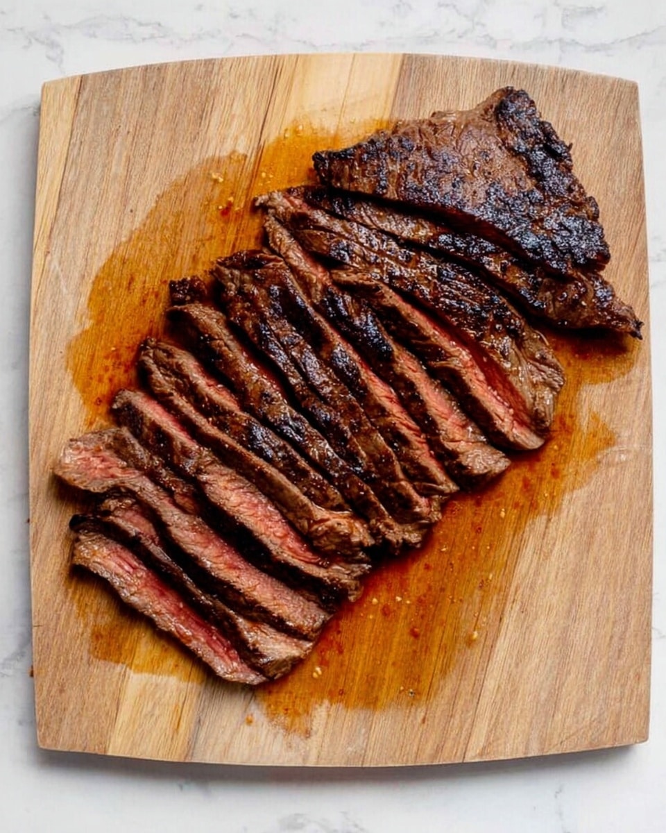 A wooden cutting board is placed on a white marbled surface, holding a sliced piece of grilled steak. The steak is sliced into thin strips, arranged slightly overlapping in one layer. The outer edges of the steak are dark brown with a charred texture, while the inside shows a juicy, medium-brown color with some reddish tones. Juices from the steak create a shiny, slightly oily pool around it on the board. Photo taken with an iphone --ar 4:5 --v 7