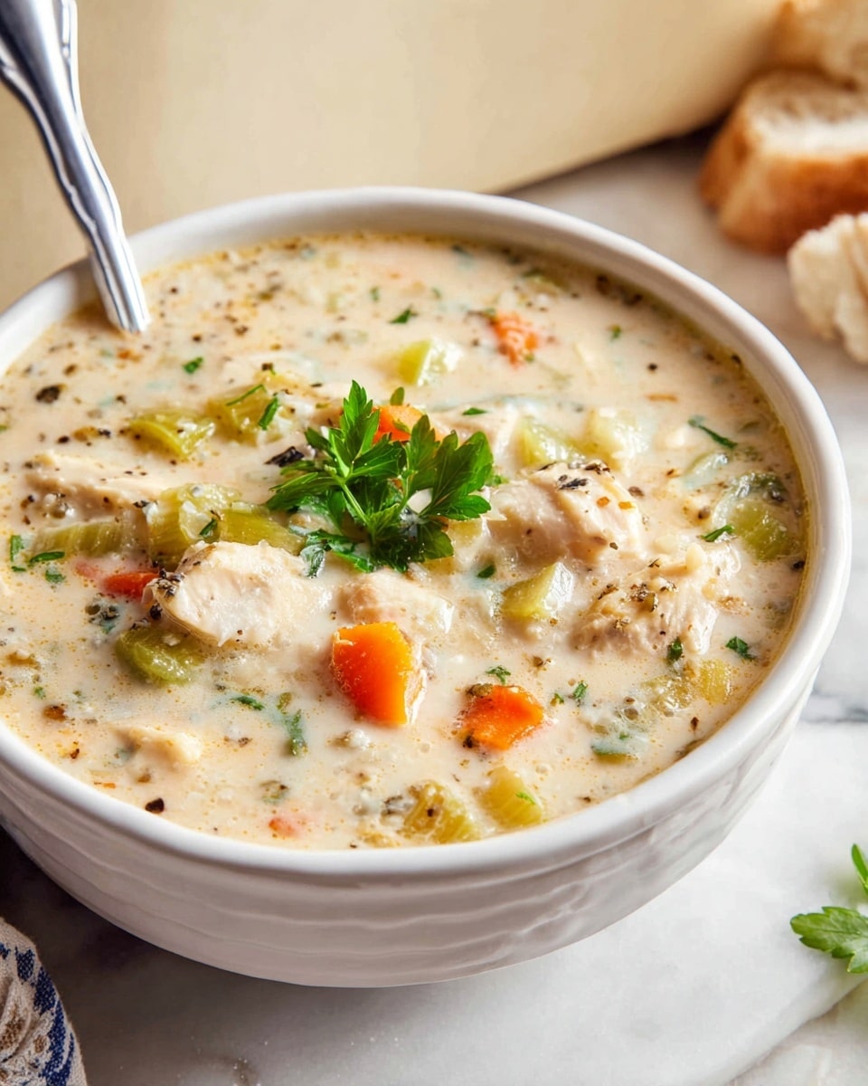 A close-up view of a creamy soup in a white bowl, filled with layers of soft white chicken pieces, small orange carrot cubes, light green celery chunks, and specks of herbs mixed in a thick, pale beige broth. The top is garnished with a small bunch of fresh bright green parsley, adding a pop of color. A silver spoon is partially visible on the left side, resting inside the bowl. The bowl sits on a white marbled surface, with a blurred background that includes a light beige wall and a piece of bread on the right. photo taken with an iphone --ar 4:5 --v 7