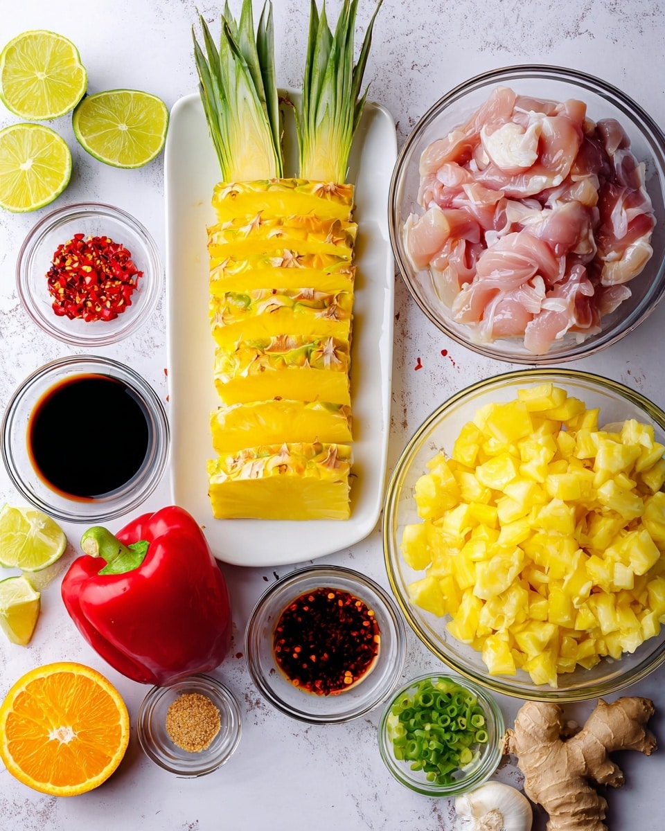 A white rectangular dish on the left holds several thick, bright yellow pineapple slices stacked in one row, topped with green pineapple leaves at the back end. To the right, there is a clear glass bowl filled with raw, light pink chicken pieces with some white fat visible. Below the pineapple dish, a whole shiny red bell pepper sits on the white marbled surface. Next to the chicken bowl on the right, there is a large clear glass bowl full of small, bright yellow pineapple chunks. Around these main items, there are several small clear bowls containing different ingredients including soy sauce (dark brown), red chili flakes (red with yellow seeds), green lime zest, freshly grated ginger (light yellow), and garlic (white), arranged neatly on the white marbled surface. The background is white and textured with a few lime halves, an orange half, and a small glass container of orange juice scattered around. Photo taken with an iphone --ar 4:5 --v 7