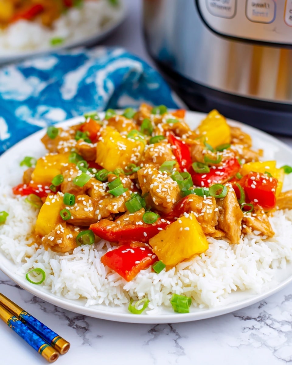 A white plate holds a dish with two main layers. The bottom layer is white rice with a fluffy texture, spread across the plate. The top layer consists of pieces of brown cooked chicken mixed with bright yellow chunks of pineapple and red bell pepper pieces, all coated in a glossy sauce. The dish is sprinkled with white sesame seeds, green sliced scallions, and thin white almond flakes. The background shows a white marbled surface with a blue and white cloth and a partially visible metallic appliance. Nearby are blue chopsticks with gold accents. Photo taken with an iphone --ar 4:5 --v 7