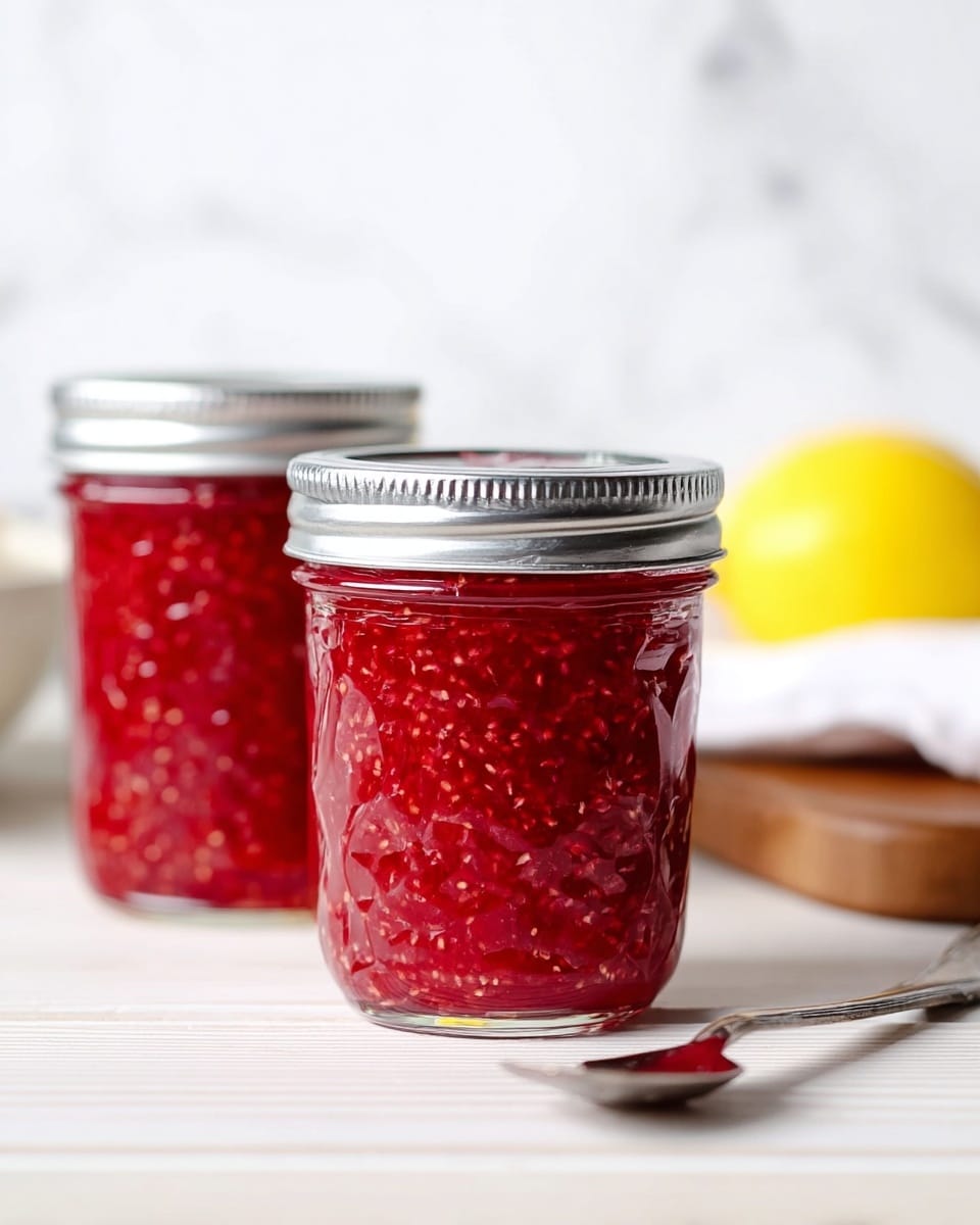 The image shows two clear glass jars filled with bright red raspberry jam, each sealed with a silver metal lid. The jar in the front is fully in focus, displaying visible raspberry seeds and a slightly chunky texture throughout the jam, while the jar behind it is blurred. The jars sit on a white wooden surface, with a silver spoon placed in the foreground on the right side. In the background, a yellow lemon and a white cloth are softly blurred on a wooden board, all against a white marbled texture. photo taken with an iphone --ar 4:5 --v 7
