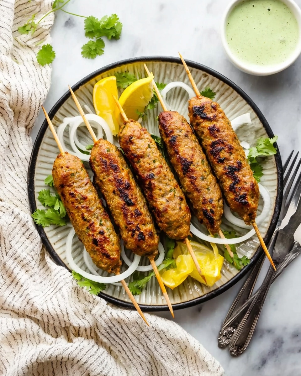 Five grilled kebabs on wooden sticks are neatly placed in the center of a round white plate with a ridged edge, resting on a white marbled surface. The kebabs are golden brown with some char marks and slightly rough texture. Underneath each kebab, there are thin, white onion slices arranged in small loops. Fresh green cilantro leaves are placed around the kebabs and on the plate for decoration. Three lemon wedges, bright yellow and shiny, are arranged between and beside the kebabs. To the upper right side of the plate, there is a small white bowl filled with a pale green sauce. A striped white and beige cloth is partly draped under the plate on the left side. Two silver forks are placed on the right side of the plate. photo taken with an iphone --ar 4:5 --v 7
