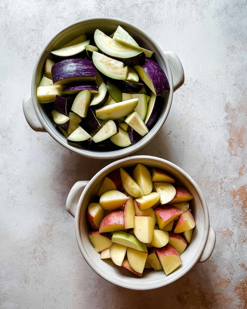 Two white bowls sit on a white marbled surface, one placed above the other. The top bowl is filled with roughly chopped eggplants showing layers of pale green inside and dark purple skin on the outside. The eggplants are cut into a mix of wedge and half-moon shapes piled unevenly in the bowl. The bottom bowl contains potato pieces with skin of red, pale yellow, and white colors, sliced into chunky wedges creating a mix of yellows, whites, and reds. Both bowls have a simple design with two curved handles on the sides visible on the top bowl. Photo taken with an iphone --ar 4:5 --v 7