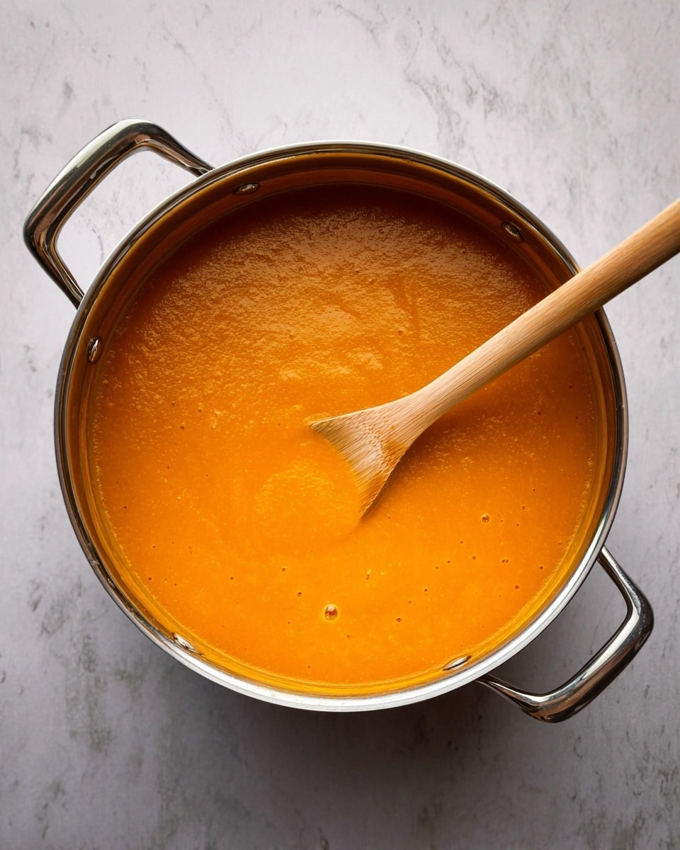 A top view of a large silver pot filled with smooth orange soup with a light texture, resting on a spoon inside the pot. The pot has two shiny handles and is placed on a white marbled surface. The wooden spoon has a light brown color with a simple texture. Photo taken with an iphone --ar 4:5 --v 7