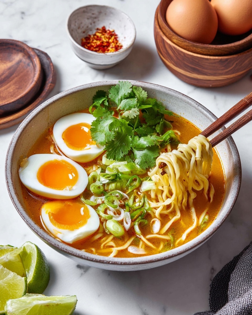 A light gray bowl filled with three layers: the bottom layer is an orange broth, the middle layer is yellow noodles partly lifted and wrapped around a pair of wooden chopsticks on the right, and the top layer has two halves of a soft-boiled egg with bright orange yolks, green cilantro leaves, thin green scallion slices, and lime wedges on the left side. The bowl sits on a white marbled surface, with a small white bowl of red chili flakes in the background at the top left, and two brown wooden bowls at the top right, one holding a whole brown egg and the other a halved soft-boiled egg. Photo taken with an iphone --ar 4:5 --v 7