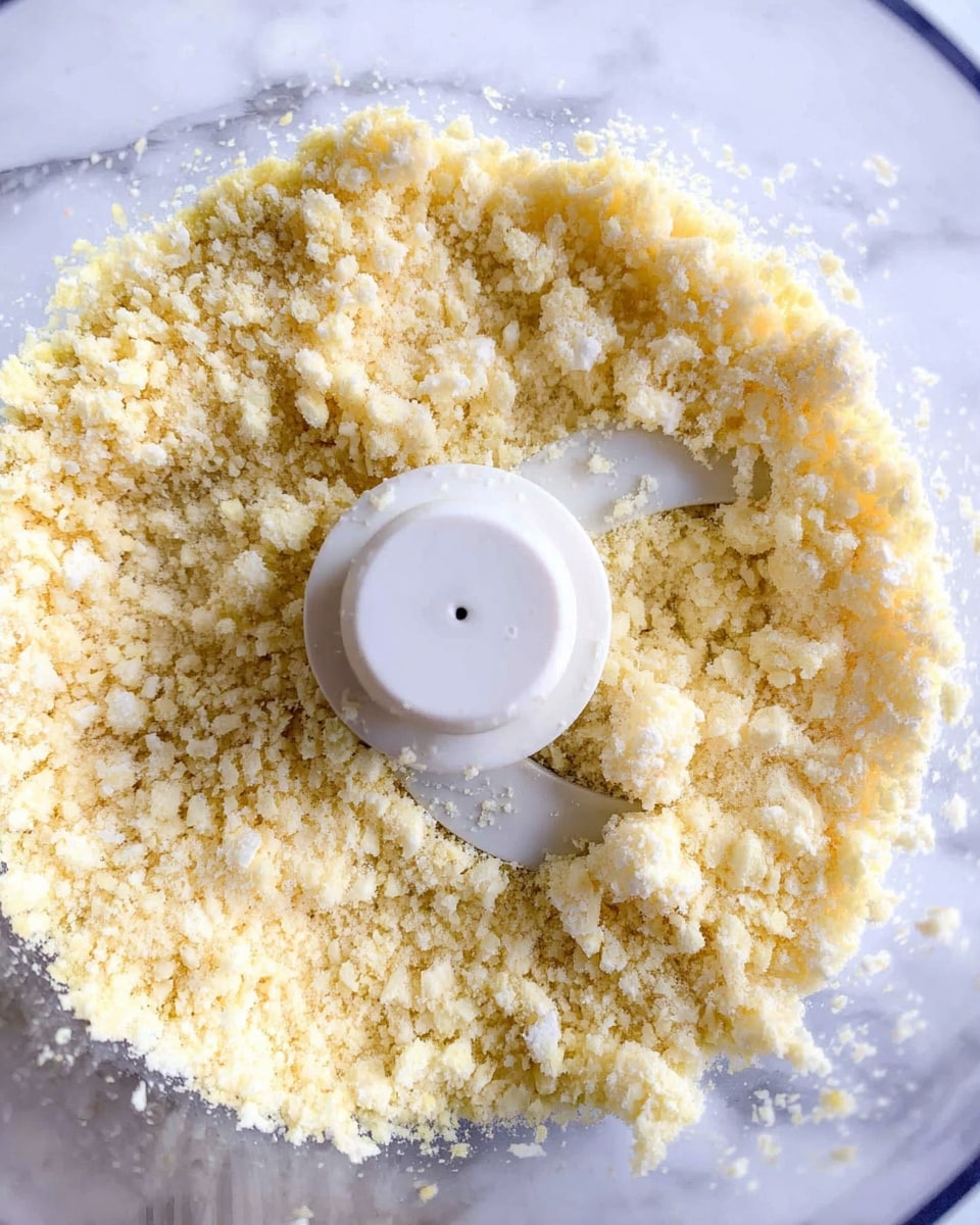 A close-up top view shows a textured mix of small, pale yellow crumb pieces inside a clear food processor bowl. The crumbs look soft and slightly moist, filling the bowl around the white central blade attachment. The background is a white marbled surface, enhancing the light color of the crumbs. photo taken with an iphone --ar 4:5 --v 7