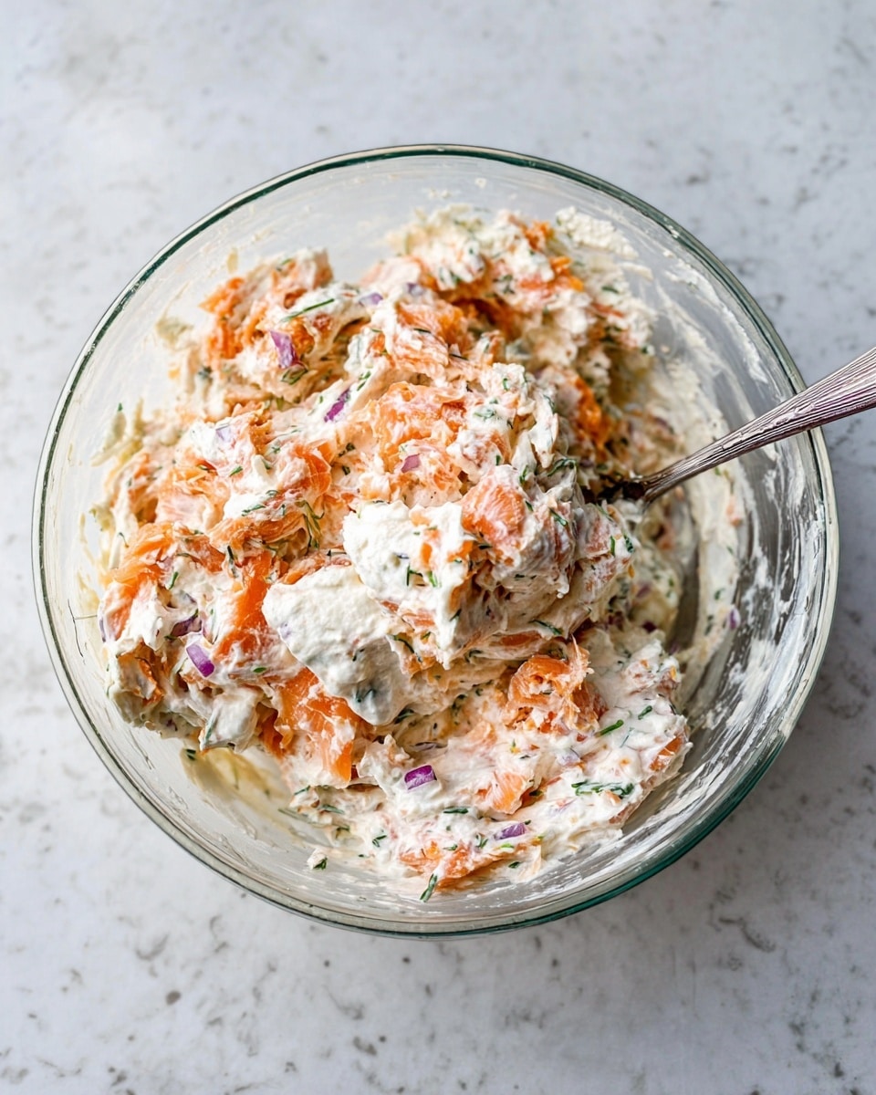A clear glass bowl holds a creamy mixture with multiple layers and textures, sitting on a white marbled surface. The mixture is swirled together with visible chunks of orange pieces, likely smoked salmon, and small bits of purple, which look like red onion, all coated in a thick layer of white creamy spread. Green herbs are scattered throughout the mixture, giving it specks of freshness. A metal spoon is placed inside the bowl, appearing slightly blurred as if in motion mixing the contents. photo taken with an iphone --ar 4:5 --v 7