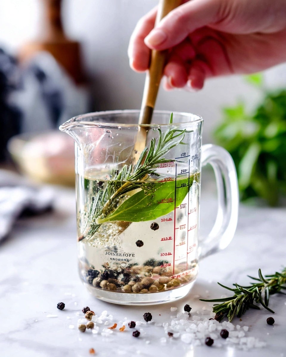 A clear glass measuring cup filled almost to the 4-cup mark with a transparent liquid, showing floating spices like black peppercorns and coriander seeds along with a sprig of fresh green rosemary and a large green leaf inside. A woman's hand is holding a wooden spoon, stirring the liquid gently from the top. The cup is placed on a white marbled surface scattered with peppercorns and coarse salt, with blurred kitchen items in the soft background. photo taken with an iphone --ar 4:5 --v 7