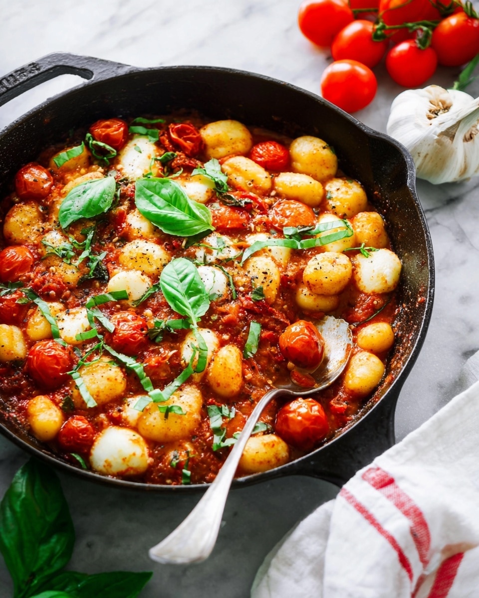 The image shows a black cast iron pan filled with round gnocchi pieces that are golden brown on the edges, mixed with red cherry tomatoes, some whole and some burst open, and small white mozzarella balls. The gnocchi and tomatoes are covered in a vibrant red tomato sauce dotted with specks of black pepper and green herbs. Fresh green basil leaves are placed on top and scattered throughout the dish. A silver fork is resting inside the pan, slightly submerged in the sauce, creating a sense of readiness to eat. In the background, there are bright red cherry tomatoes, a bulb of garlic, and fresh basil on a white marbled surface. A white cloth with red stripes lies partially visible by the pan handle. photo taken with an iphone --ar 4:5 --v 7