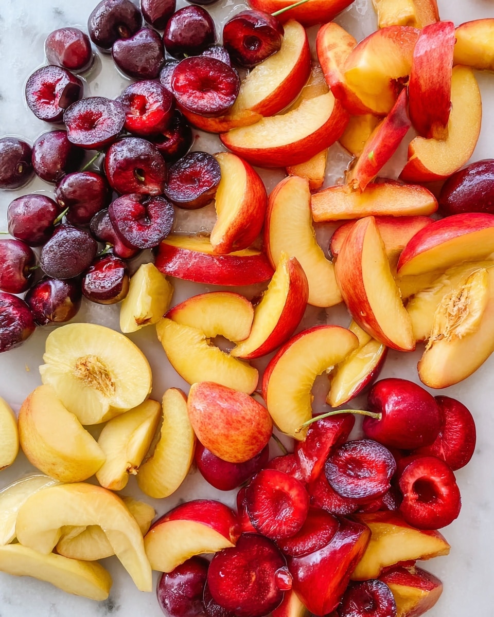 The image shows a mix of sliced fruits spread out on a white marbled surface. There are four types of fruits, each sliced differently: deep red cherries cut in halves with visible pits on the left, yellow and red nectarines sliced into thin wedges and scattered across the top and middle, bright red plums sliced into thin curved pieces mostly in the lower half, and pale yellow cherries with red blush cut in halves at the bottom right. All fruit pieces have a shiny, fresh texture, showing smooth skins and juicy interiors. Photo taken with an iphone --ar 4:5 --v 7