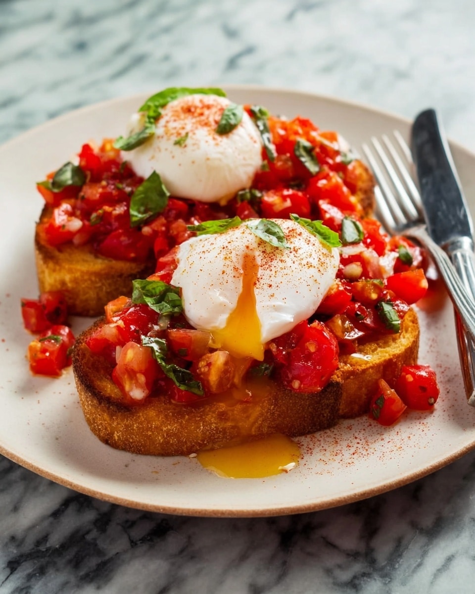 Two thick pieces of golden toasted bread form the base on a white plate, each topped with a layer of bright red chopped tomatoes mixed with small flecks of green basil leaves. On top of the tomatoes sit two smooth, white poached eggs, one with the yolk softly breaking and spilling a rich golden liquid over the toast. The eggs are sprinkled with a dusting of reddish seasoning. The plate sits on a white marbled surface with a fork and knife placed to the right. photo taken with an iphone --ar 4:5 --v 7