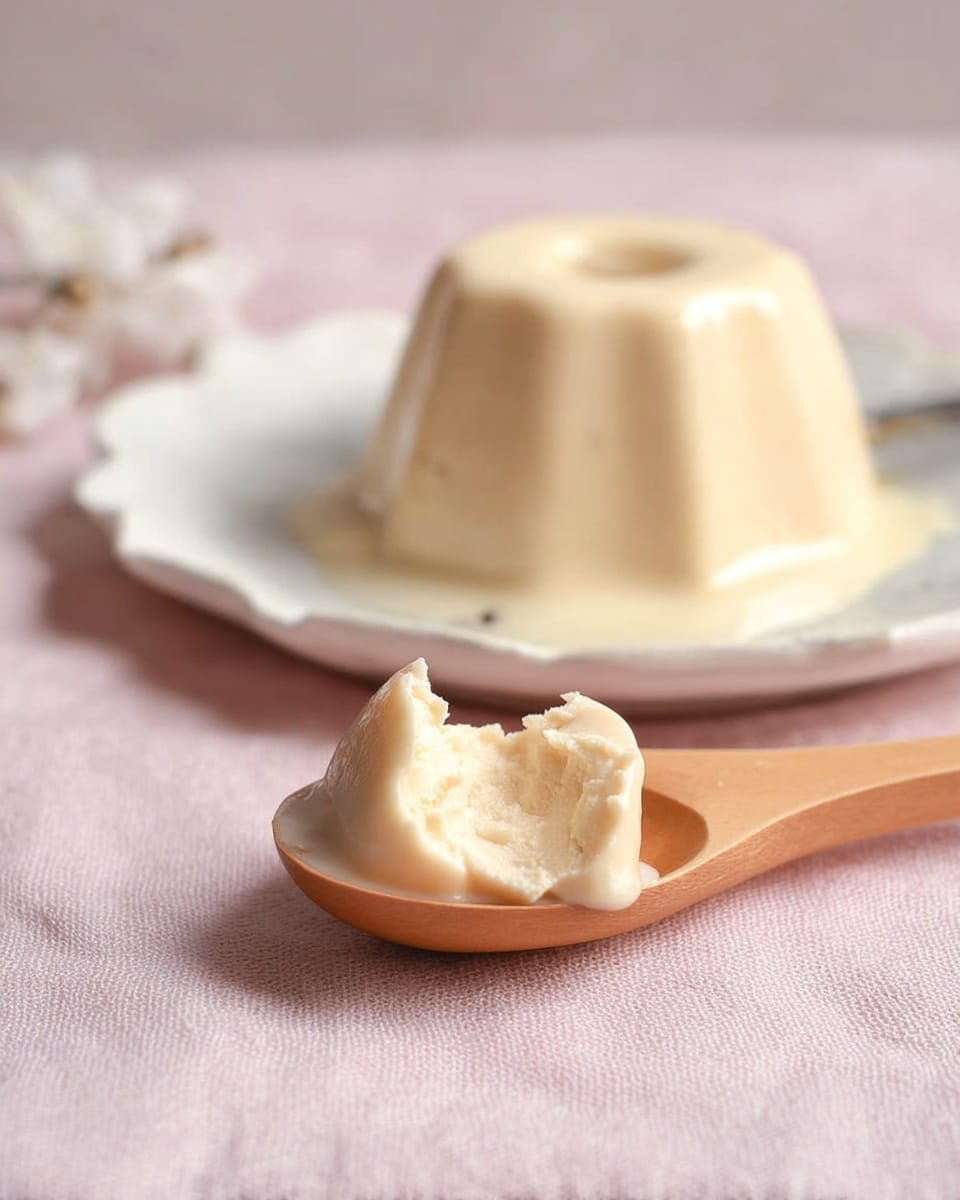 A soft beige pudding shaped like a small dome with four straight sides sits on a white plate with a slightly scalloped edge, placed on a light pink cloth. In the foreground, a wooden spoon holds a scoop of the same pudding, showing a creamy, smooth texture with a small bite taken out. The background is softly blurred to keep focus on the pudding and the spoon. photo taken with an iphone --ar 4:5 --v 7