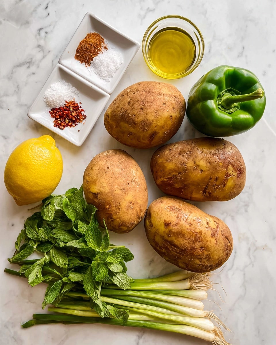 The image shows five medium-sized russet potatoes with brown, rough skin spread out on a white marbled surface. On the left side, a small white square dish holds three spices: coarse white salt, a reddish brown spice, and red chili flakes. A bright yellow half lemon sits near the center, surrounded by a green bell pepper with a shiny surface, a small glass container of light golden oil, and a bunch of fresh green onions with white tips. In the lower-left corner, there is a mix of fresh herbs, including flat-leaf parsley and mint, all arranged naturally. Photo taken with an iphone --ar 4:5 --v 7