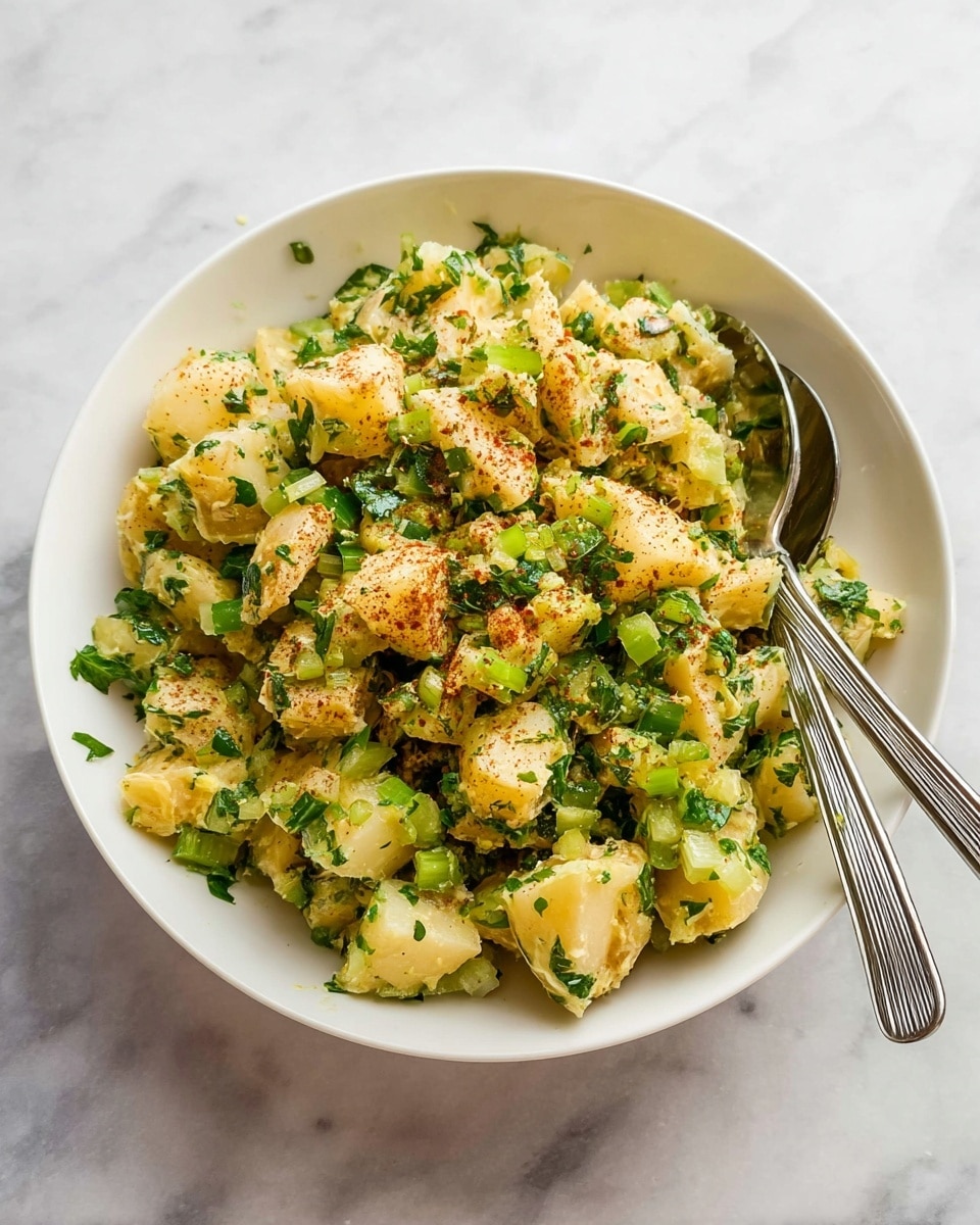The image shows a white bowl filled with a potato salad made of small, uneven chunks of pale yellow potatoes as the base layer. On top, there is a generous amount of chopped green herbs and celery, scattered across the potatoes. The salad is sprinkled with a reddish-brown spice that adds texture to the dish. Two metal spoons rest on the right side inside the bowl. The bowl sits on a white marbled surface. photo taken with an iphone --ar 4:5 --v 7