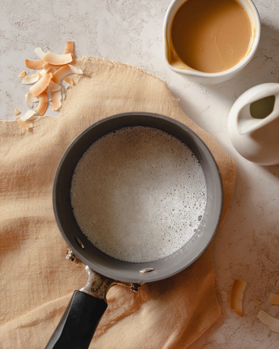 A gray metal saucepan with a black handle holds a small amount of white foamy liquid inside. To the upper right, there is a small white bowl filled with a smooth light brown sauce, next to a white jug with a spout. Several toasted coconut flakes lie scattered near the bowl and jug on a beige cloth with a soft texture. The background is a white marbled surface. photo taken with an iphone --ar 4:5 --v 7