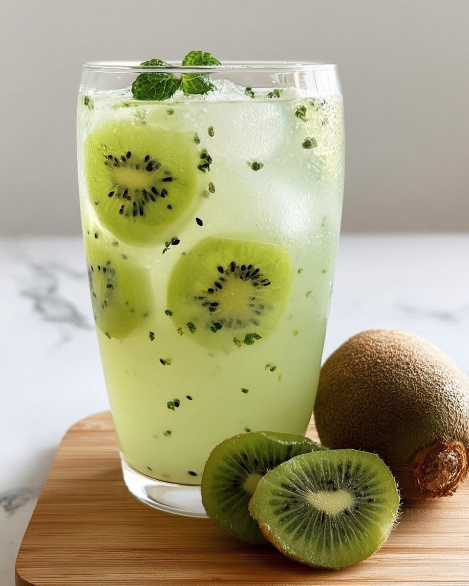 A clear glass filled with a pale green kiwi drink with small black seeds and ice cubes floating inside, showing several slices of kiwi fruit spread evenly throughout the drink with bright green flesh and tiny black seeds. The top of the drink has some fresh mint leaves as garnish. The glass sits on a wooden board, placed on a white marbled surface. Next to the glass, there is a whole kiwi with brown rough skin and two kiwi slices showing the bright green interior and white center. Photo taken with an iphone --ar 4:5 --v 7