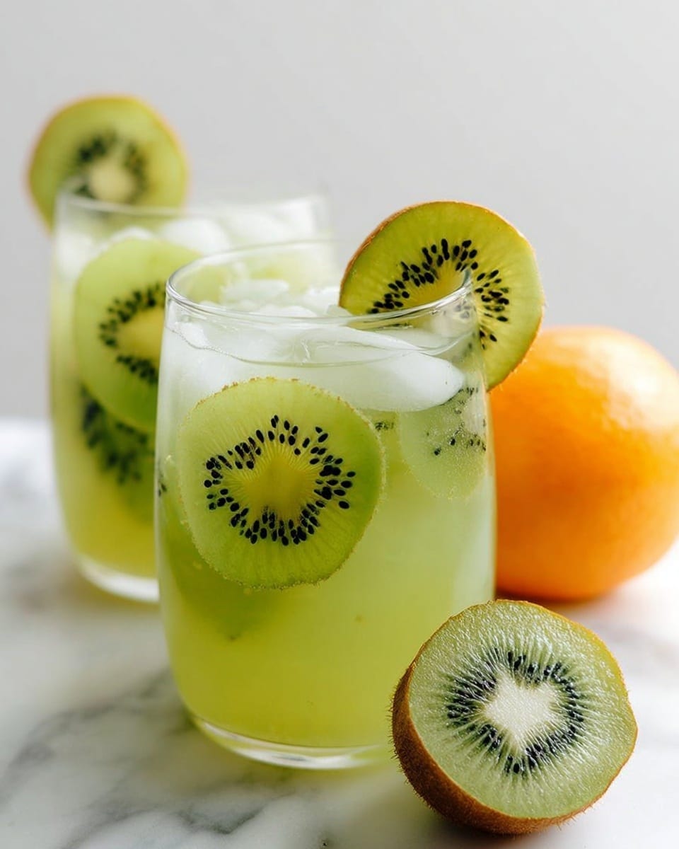 Two clear glasses are filled with a light green drink and ice cubes. Each glass has round slices of kiwi inside, showing bright green with black seeds. One glass is more front and right, and the other is behind and left. A slice of kiwi is placed on the rim of the front glass. In front of the glasses, there is a half kiwi with its light green inside and brown skin visible, next to a whole orange fruit. The whole scene sits on a white marbled surface. The photo is taken with an iphone --ar 4:5 --v 7