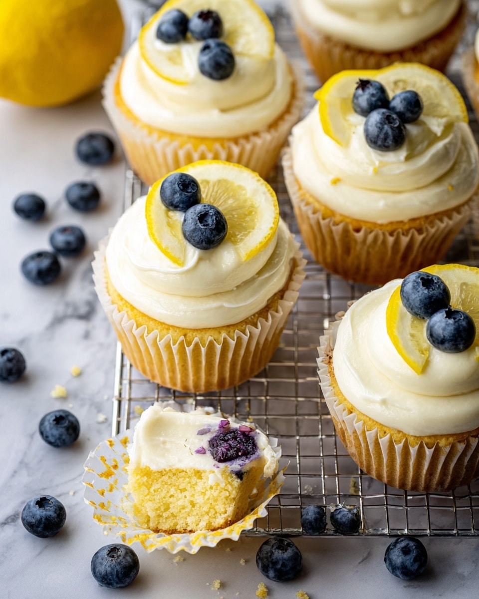 The image shows several lemon cupcakes topped with smooth white frosting, each decorated with a small lemon slice and a single blueberry. The cupcakes have a light yellow base, with one cupcake partially unwrapped to reveal the moist inside with hints of blueberry. They rest on a silver wire cooling rack placed on a white marbled surface. Around the cupcakes are scattered whole blueberries, lemon wedges, and a whole lemon, adding a fresh and bright feel to the scene. photo taken with an iphone --ar 4:5 --v 7