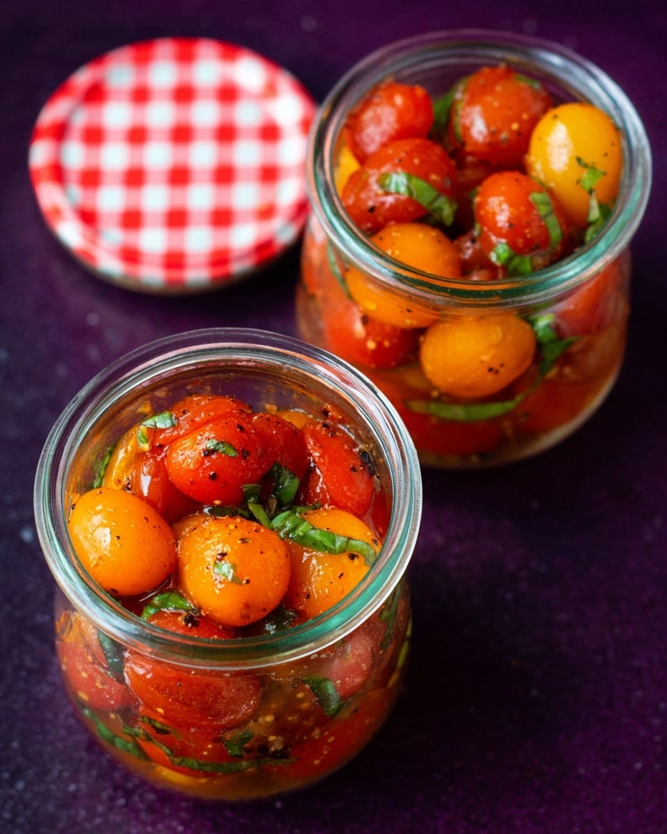 Two glass jars are filled with small red and orange cherry tomatoes cut into halves, mixed with green basil leaves. The tomatoes have a shiny texture, with tiny black specks of seasoning visible on them, creating a fresh and colorful mix. Both jars have their red and white checkered lids placed next to them on a dark purple surface. The jars are arranged close together, showing the vibrant, juicy mix inside clearly. Photo taken with an iphone --ar 4:5 --v 7