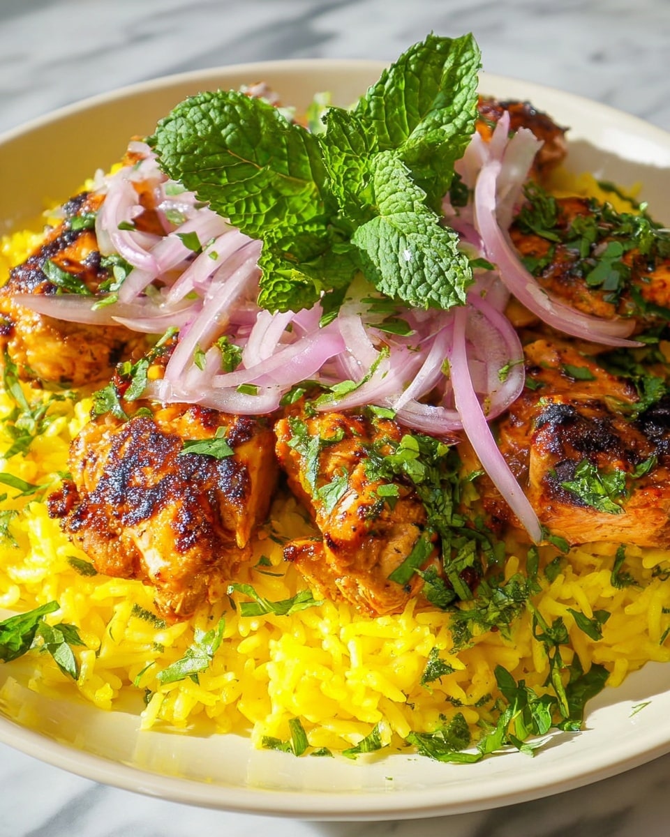 The dish shows a white plate filled with bright yellow rice as the base layer, topped with pieces of grilled chicken that have a golden brown and slightly charred texture. On top of the chicken, there are thin slices of purple-red onion and green chopped herbs sprinkled evenly. In the center, fresh green mint leaves add a vibrant touch. The white marbled background gently reflects light, emphasizing the colors and textures of the food. photo taken with an iphone --ar 4:5 --v 7