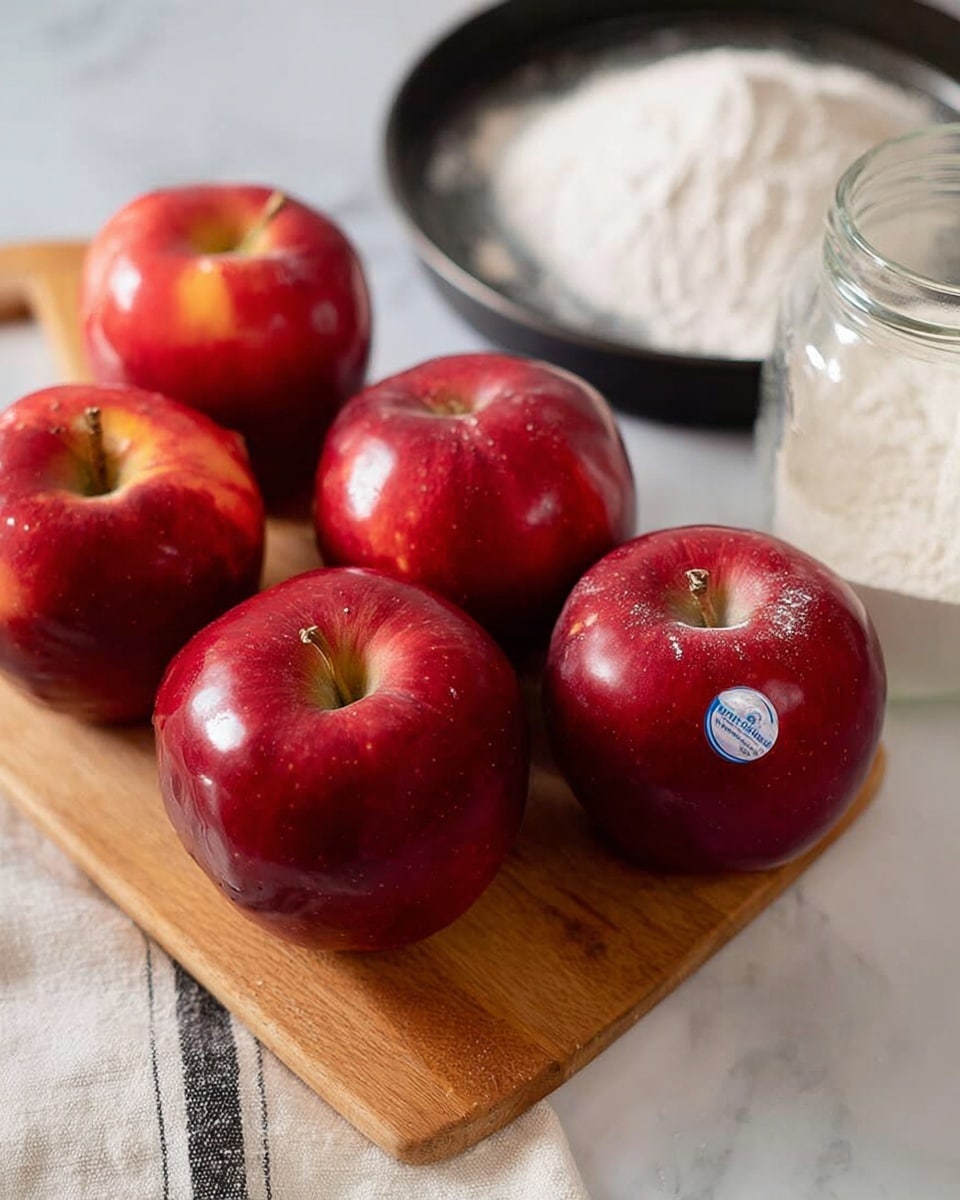 The image shows five red apples with shiny, smooth skin placed on a wooden board. One apple has a small blue and white sticker on it. Behind the apples, there is a glass jar filled with white flour and part of a black round baking pan dusted with flour. The whole setup is resting on a white marbled surface with a light-colored cloth featuring thin black stripes near the bottom edge of the image. Photo taken with an iphone --ar 4:5 --v 7